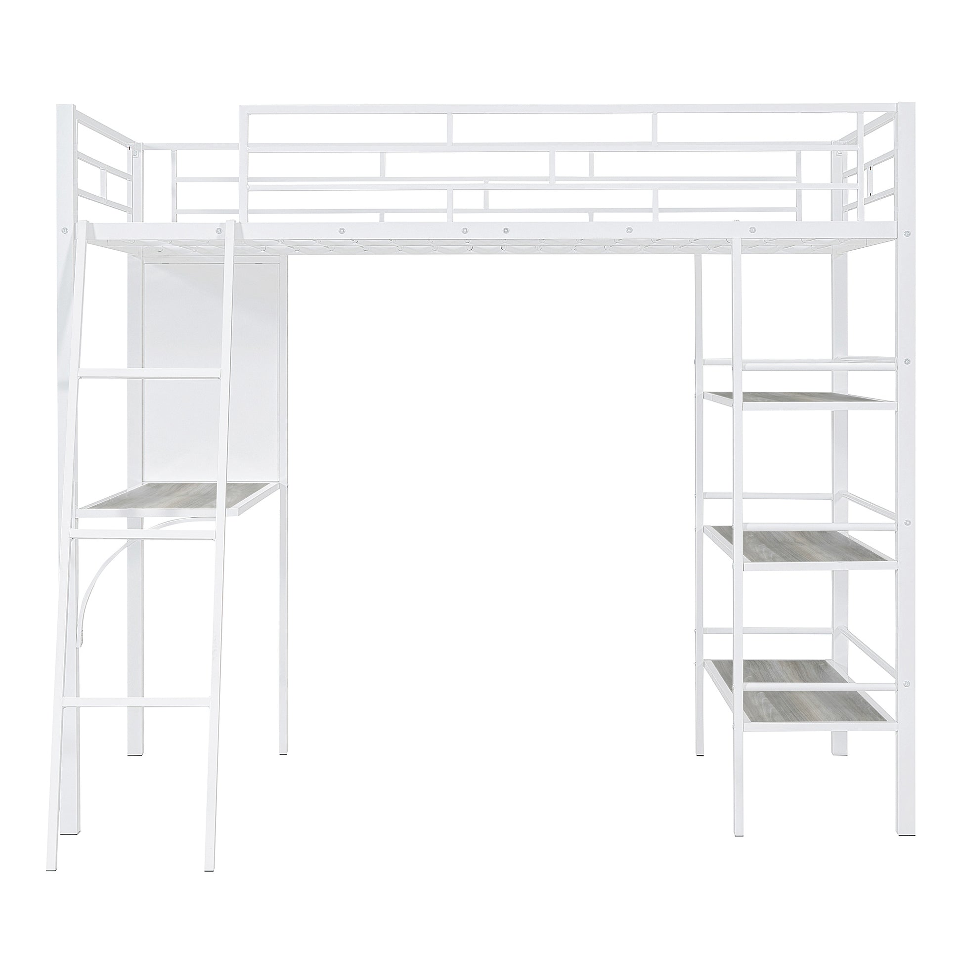 Twin Size Loft Metal Bed With 3 Layers Of Shelves And Desk, Stylish Metal Frame Bed With Whiteboard, White White Metal