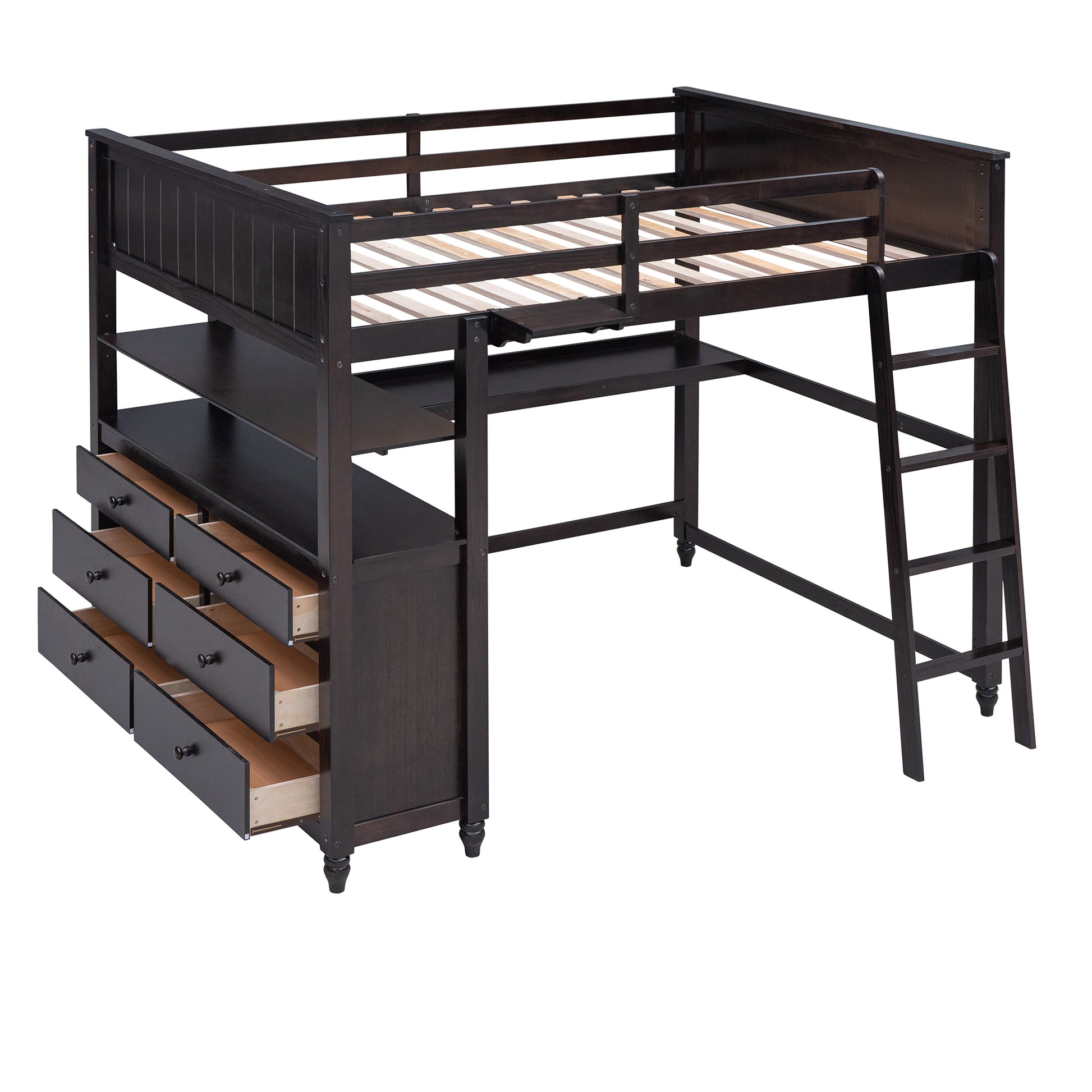 Full Size Loft Bed With Drawers And Desk, Wooden Loft Bed With Shelves Espresso Old Sku:Lt001529Aap Espresso Solid Wood