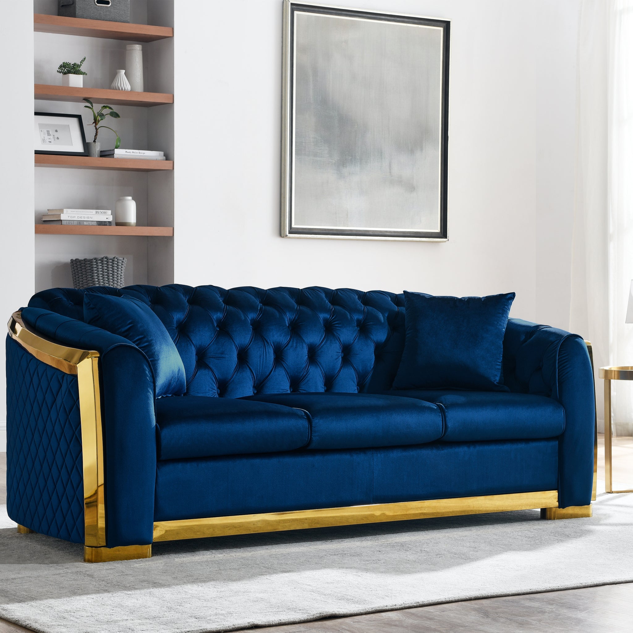 Velvet Luxury Chesterfield Sofa Set, 84 Inches Tufted 3 Seat Couch With Gold Stainless For Living Room, Navy Blue Fabric Navy Blue Velvet Wood Primary Living Space Medium Soft Tufted Back European Rolled Arms Foam Wood Stainless Steel 3 Seat