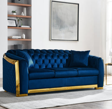 Velvet Luxury Chesterfield Sofa Set, 84 Inches Tufted 3 Seat Couch With Gold Stainless For Living Room, Navy Blue Fabric Navy Blue Velvet Wood Primary Living Space Medium Soft Tufted Back European Rolled Arms Foam Wood Stainless Steel 3 Seat