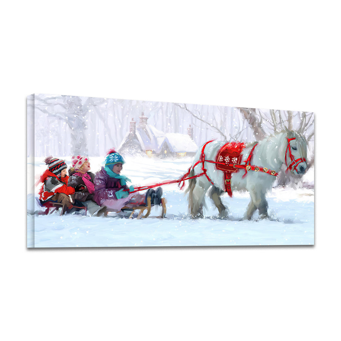 Framed Canvas Wall Art Decor Painting For Chrismas, Kids On White Horse Sledge Painting For Chrismas Gift, Decoration For Chrismas Eve Office Living Room, Bedroom Decor Ready To Hang Rectangle Framed Multicolor Christmas Medium 25In 32In Canvas Cultures