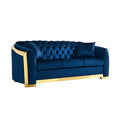 Velvet Luxury Chesterfield Sofa Set, 84 Inches Tufted 3 Seat Couch With Gold Stainless For Living Room, Navy Blue Fabric Navy Blue Velvet Wood Primary Living Space Medium Soft Tufted Back European Rolled Arms Foam Wood Stainless Steel 3 Seat