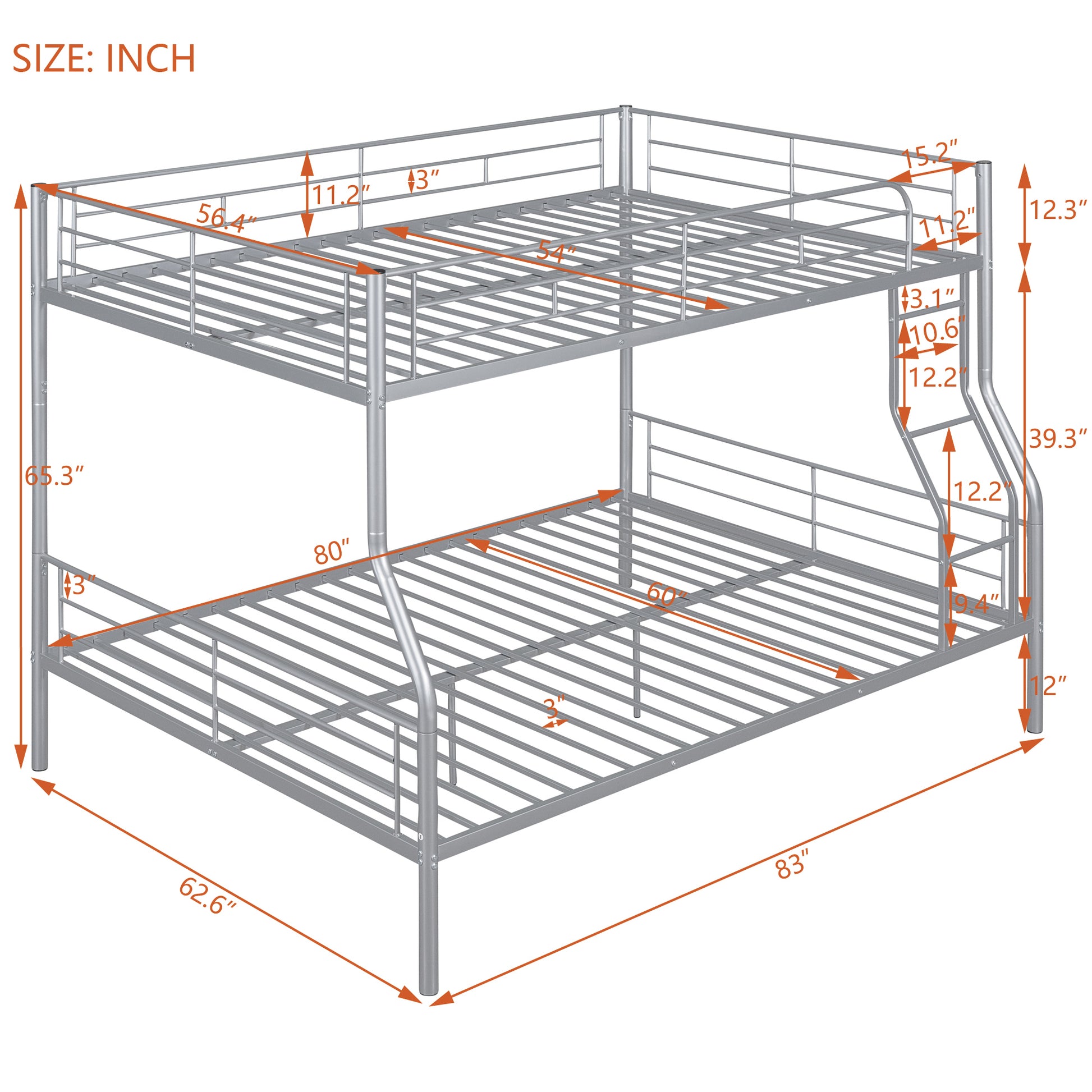 Full Xl Over Queen Metal Bunk Bed, Sliver Silver Iron