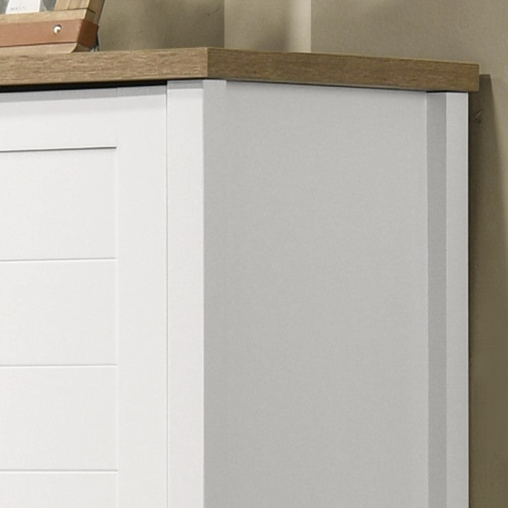 Claire 35" White Storage Cabinet With Oak Accent Finish And Framed Slatted Panel Design White Oak Wood