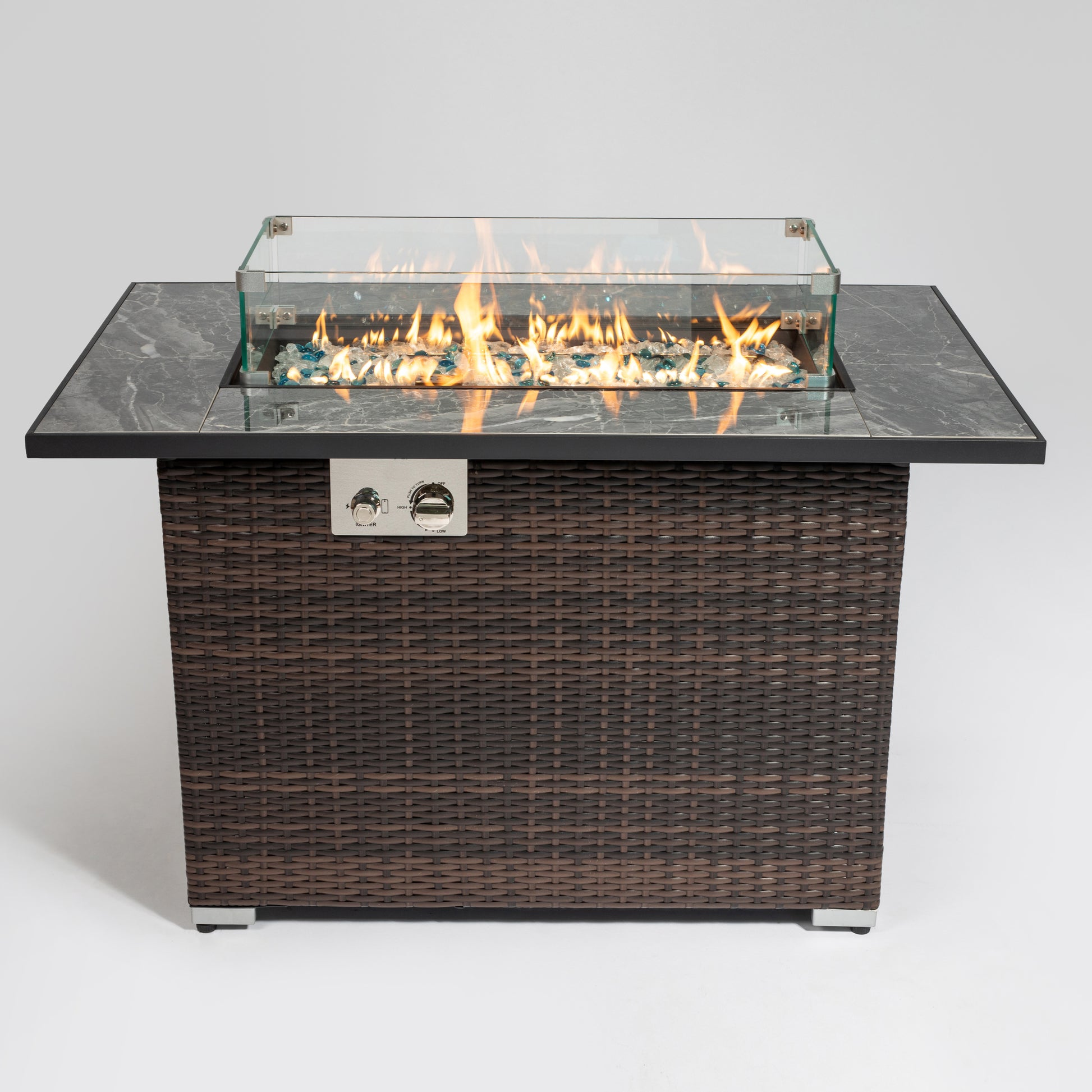 44Inch Outdoor Fire Pit Table, Propane Fire Table With Ceramic Tabletop Gas Fire Table Espresso Wicker