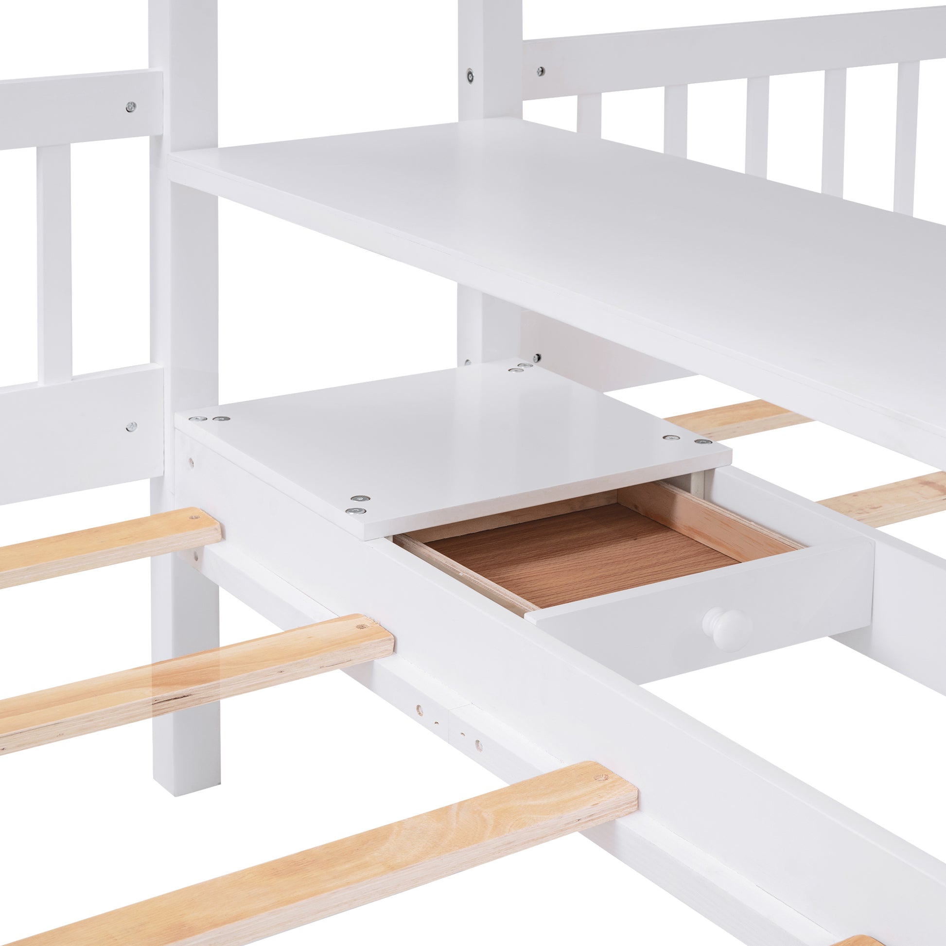 Full Over Twin Twin Bunk Bed With Shelves, Wardrobe And Mirror, White White Solid Wood Mdf