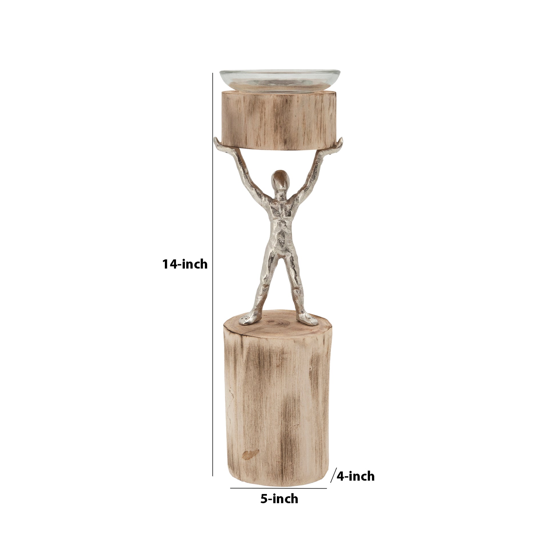 14 Inch Wooden Standing Man Candle Holder, Brown And Silver Brown Metal & Wood