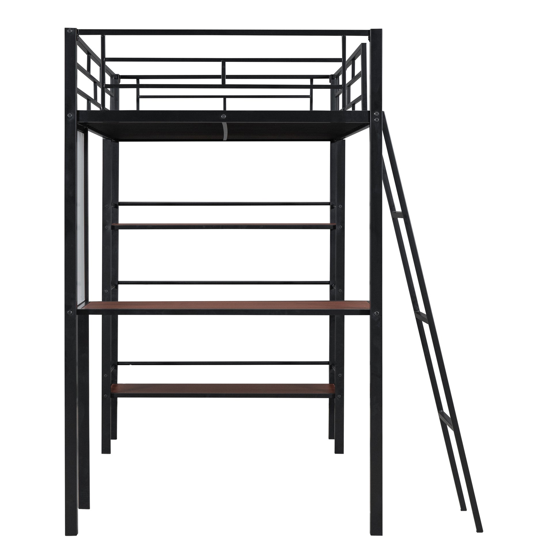 Twin Size Loft Metal Bed With 3 Layers Of Shelves And Desk, Stylish Metal Frame Bed With Whiteboard, Black Black Metal