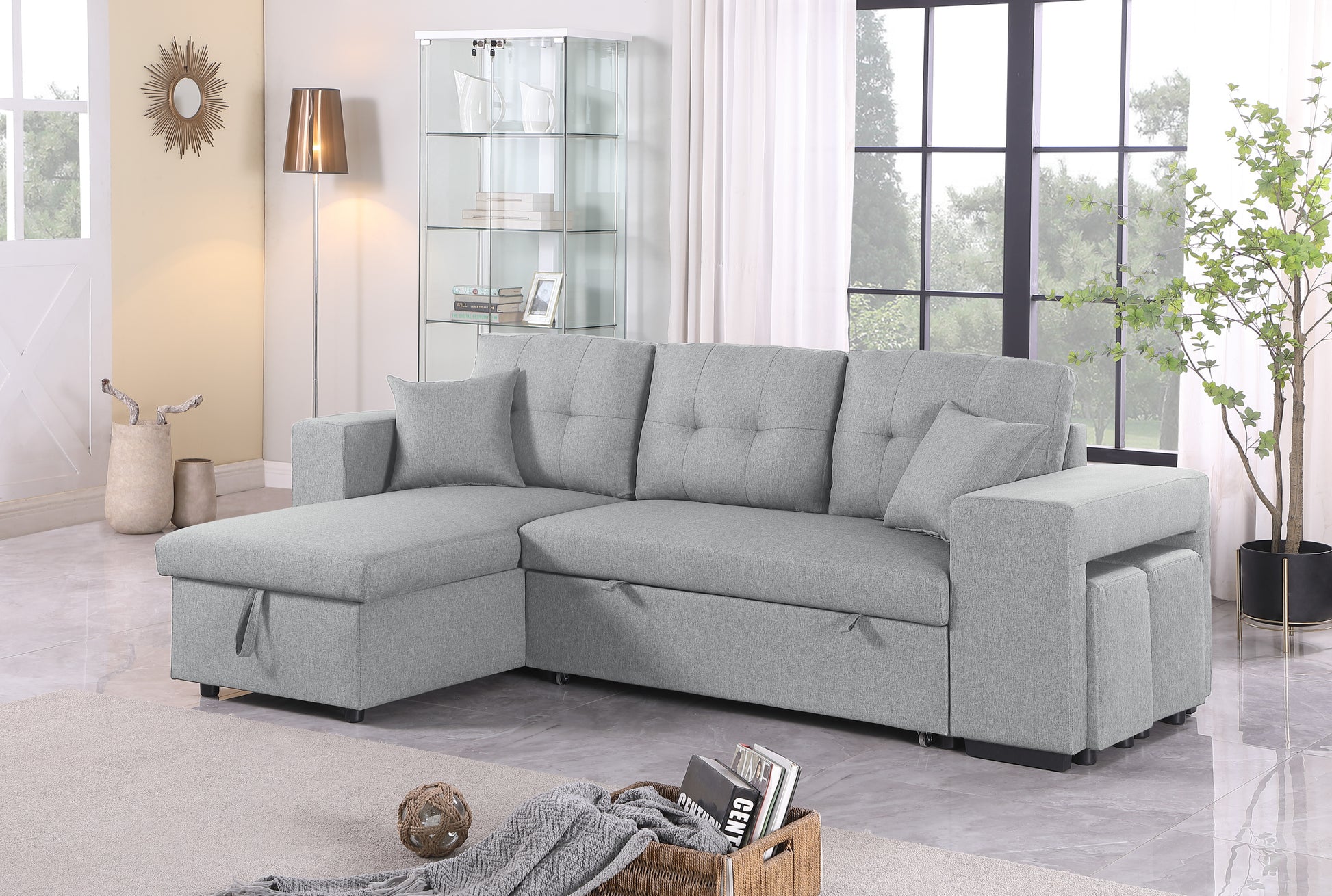 Daniel Upholstered Reversible Sectional With Pull Out Seat Light Gray Foam Linen