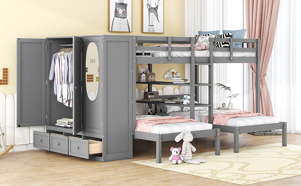 Full Over Twin Twin Bunk Bed With Shelves, Wardrobe And Mirror, Gray Gray Solid Wood Mdf