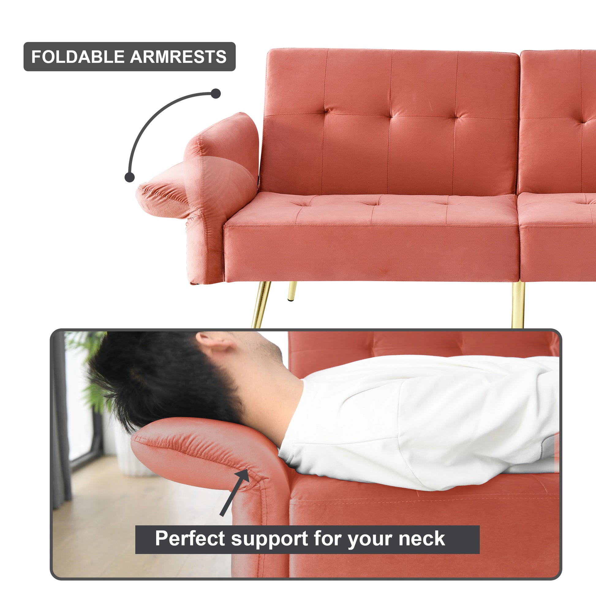 78" Italian Velvet Futon Sofa Bed, Convertible Sleeper Loveseat Couch With Folded Armrests And Storage Bags For Living Room And Small Space, Pink 280G Velvet Pink Velvet Wood Primary Living Space Medium Soft Tufted Back Modern Rolled Arms Foam Solid Wood