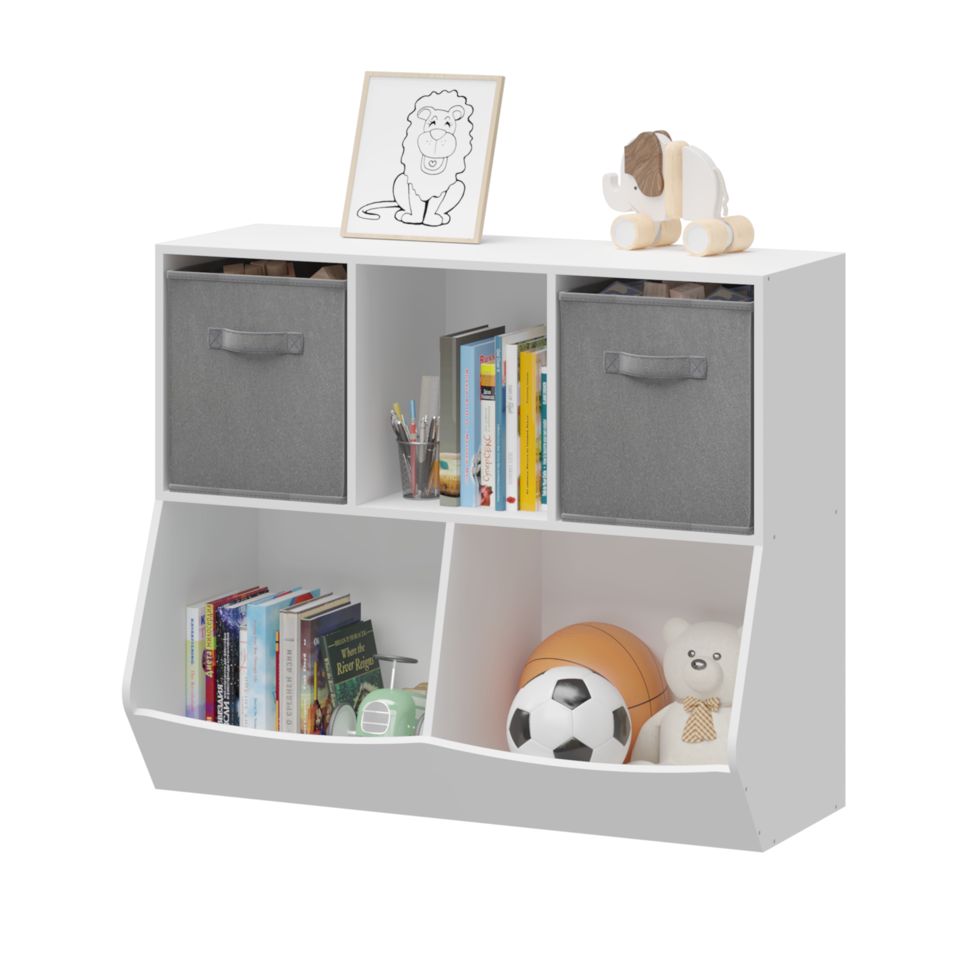 Kids Bookcase With Collapsible Fabric Drawers, Children'S Toy Storage Cabinet For Playroom, Bedroom, Nursery, School, White Gray White Gray Mdf