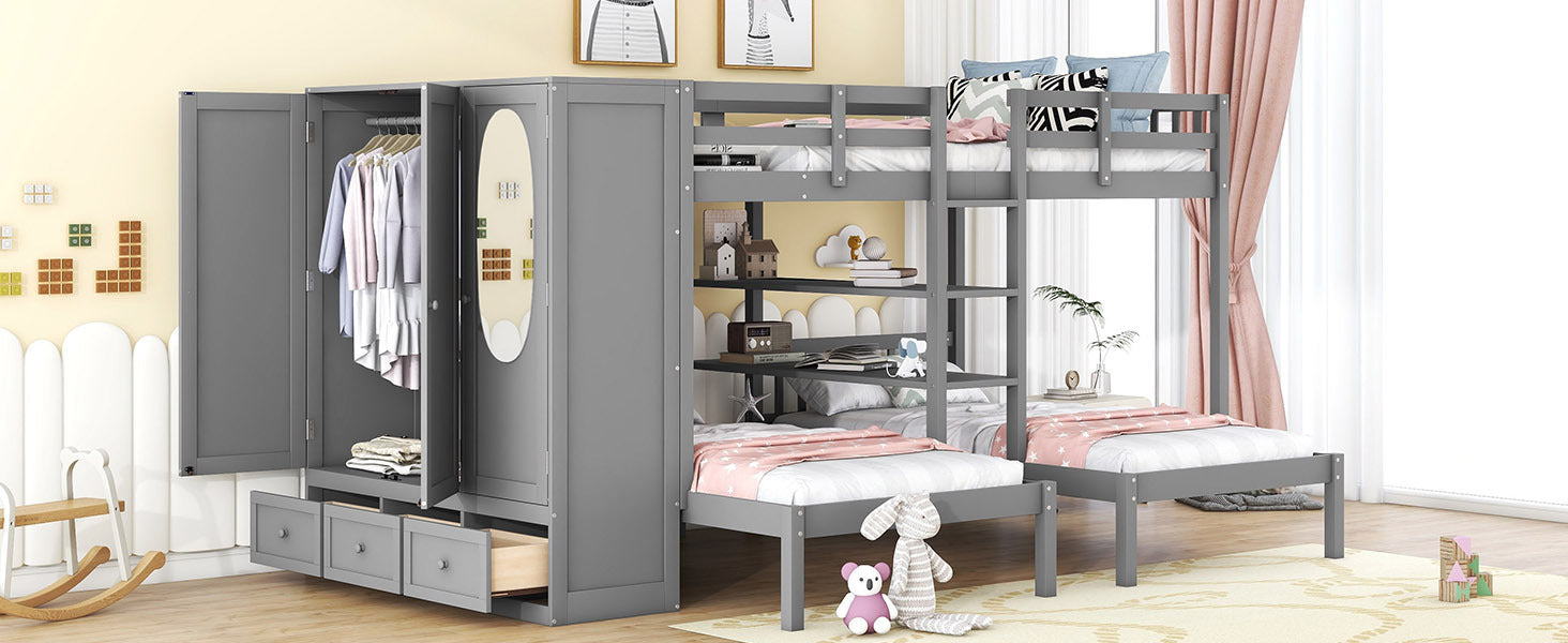 Full Over Twin Twin Bunk Bed With Shelves, Wardrobe And Mirror, Gray Gray Solid Wood Mdf