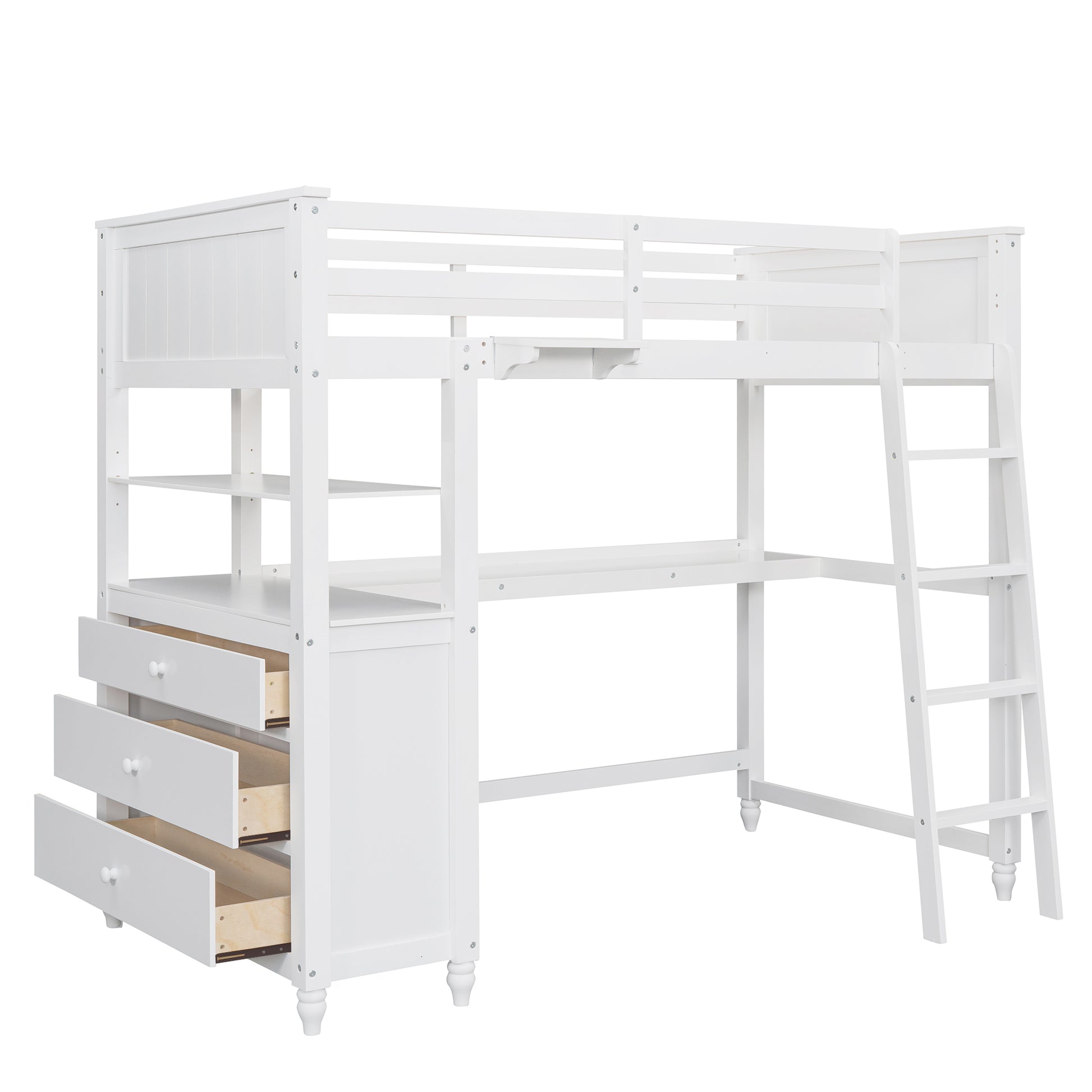 Twin Size Loft Bed With Drawers And Desk, Wooden Loft Bed With Shelves White Old Sku: Lt001530Aak White Solid Wood