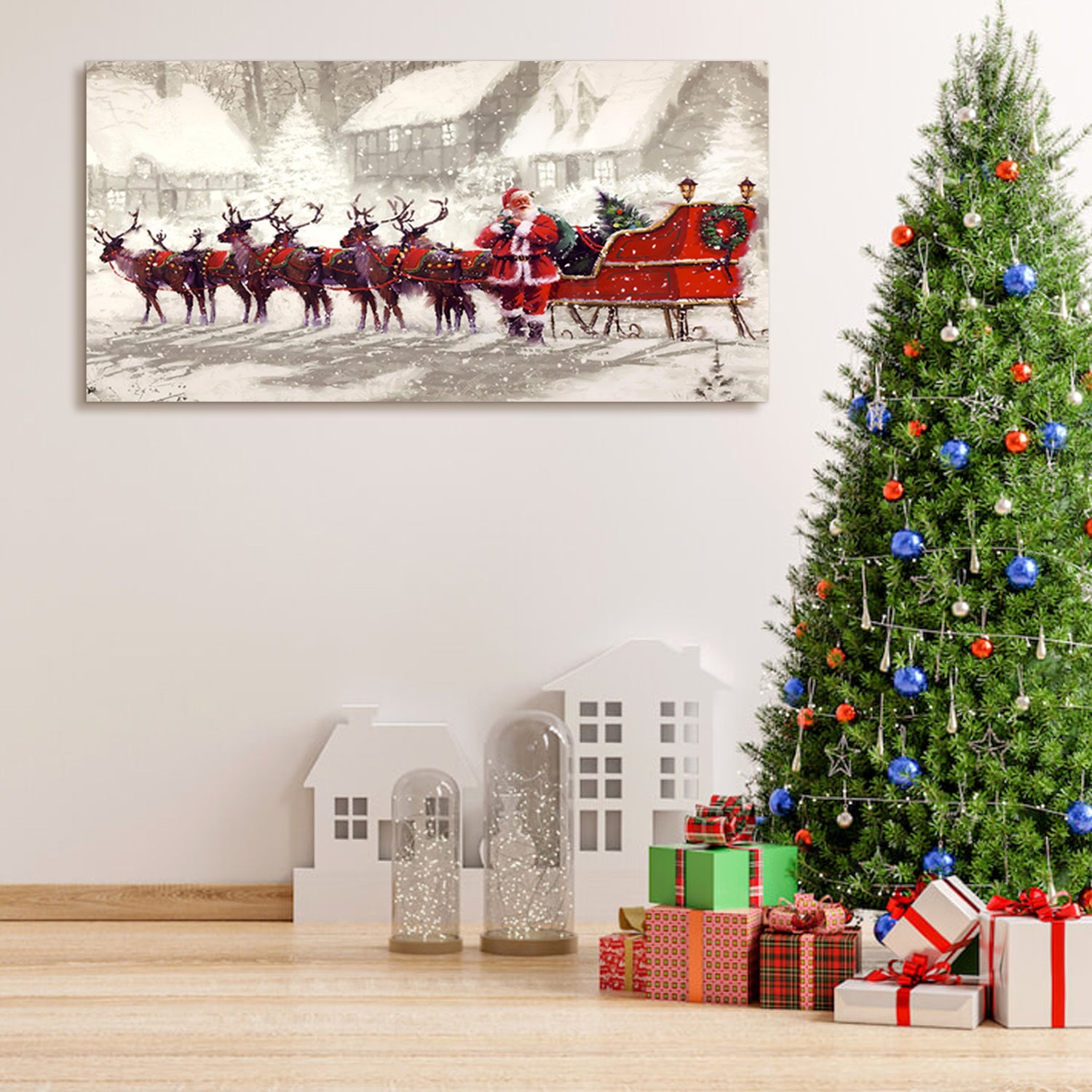 Framed Canvas Wall Art Decor Painting For Chrismas, Santa Claus With Reindeer Sledge Painting For Chrismas Gift, Decoration For Chrismas Eve Office Living Room, Bedroom Decor Ready To Hang Rectangle Framed Multicolor Christmas Medium 25In 32In Canvas