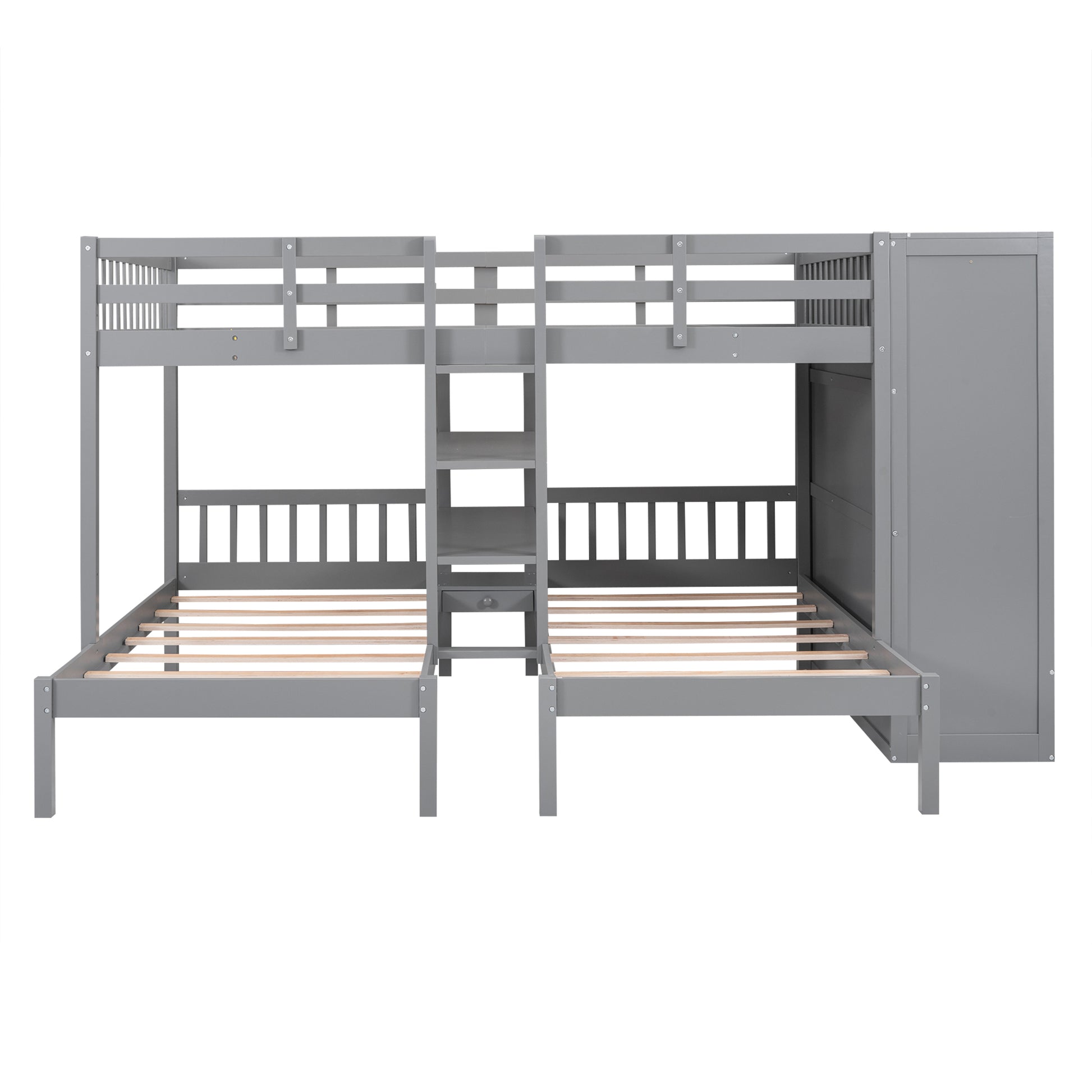 Full Over Twin Twin Bunk Bed With Shelves, Wardrobe And Mirror, Gray Gray Solid Wood Mdf