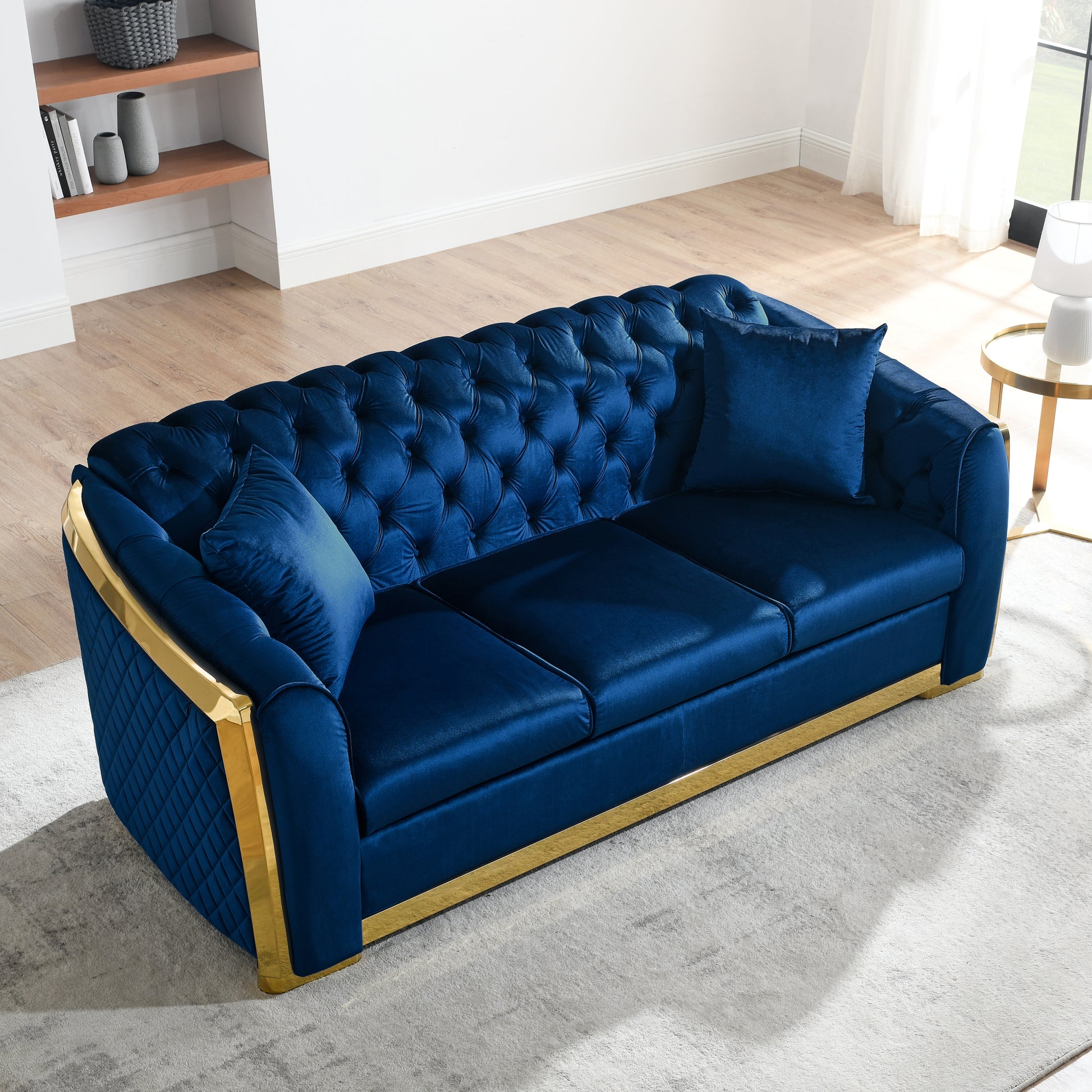 Velvet Luxury Chesterfield Sofa Set, 84 Inches Tufted 3 Seat Couch With Gold Stainless For Living Room, Navy Blue Fabric Navy Blue Velvet Wood Primary Living Space Medium Soft Tufted Back European Rolled Arms Foam Wood Stainless Steel 3 Seat