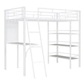 Twin Size Loft Metal Bed With 3 Layers Of Shelves And Desk, Stylish Metal Frame Bed With Whiteboard, White White Metal