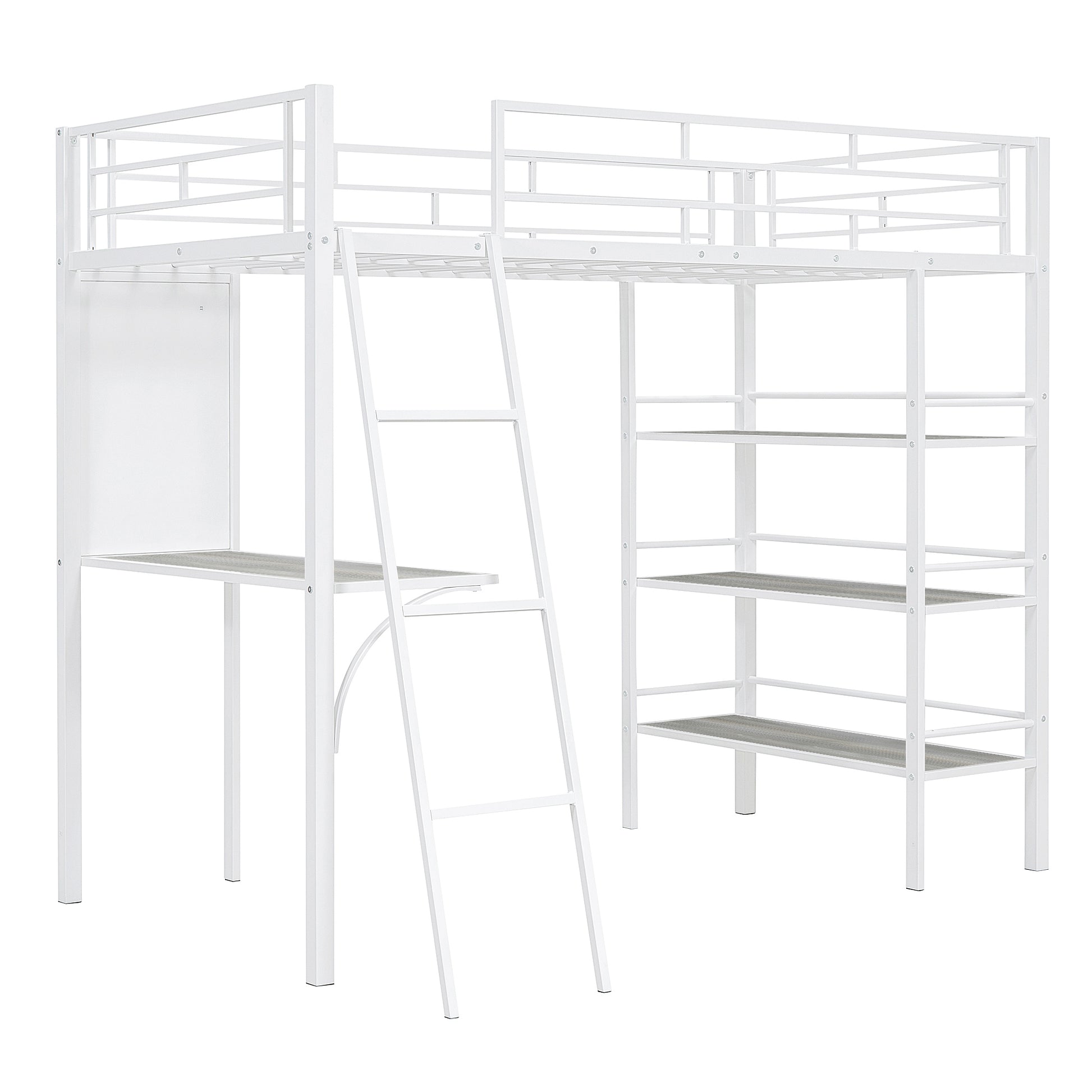 Twin Size Loft Metal Bed With 3 Layers Of Shelves And Desk, Stylish Metal Frame Bed With Whiteboard, White White Metal