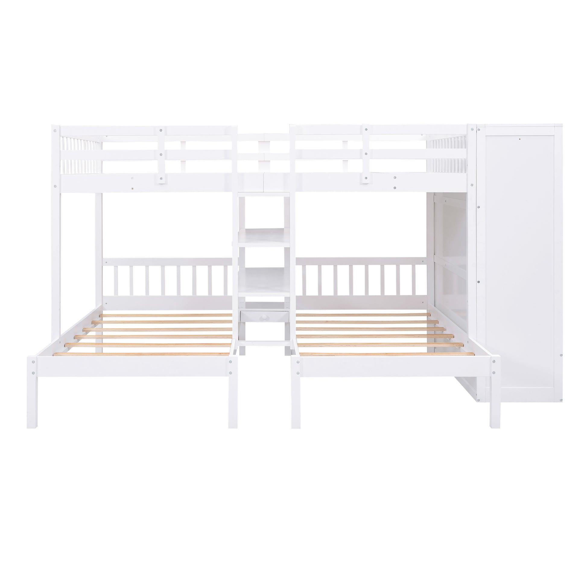 Full Over Twin Twin Bunk Bed With Shelves, Wardrobe And Mirror, White White Solid Wood Mdf