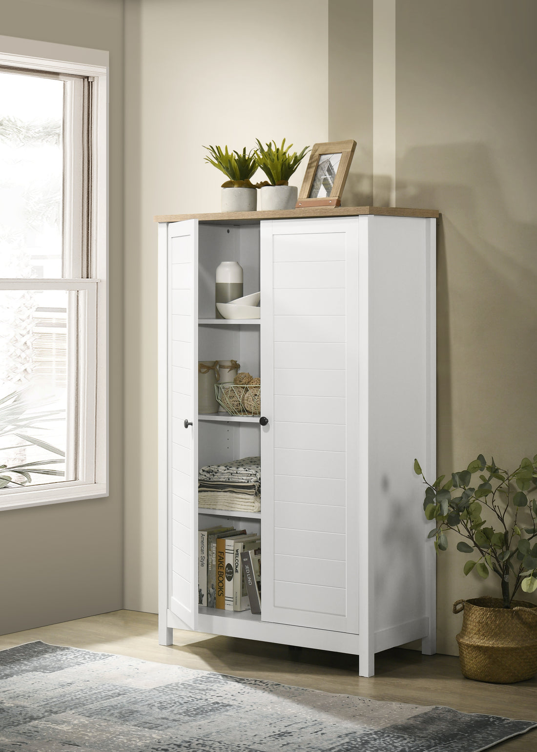 Claire 35" White Storage Cabinet With Oak Accent Finish And Framed Slatted Panel Design White Oak Wood