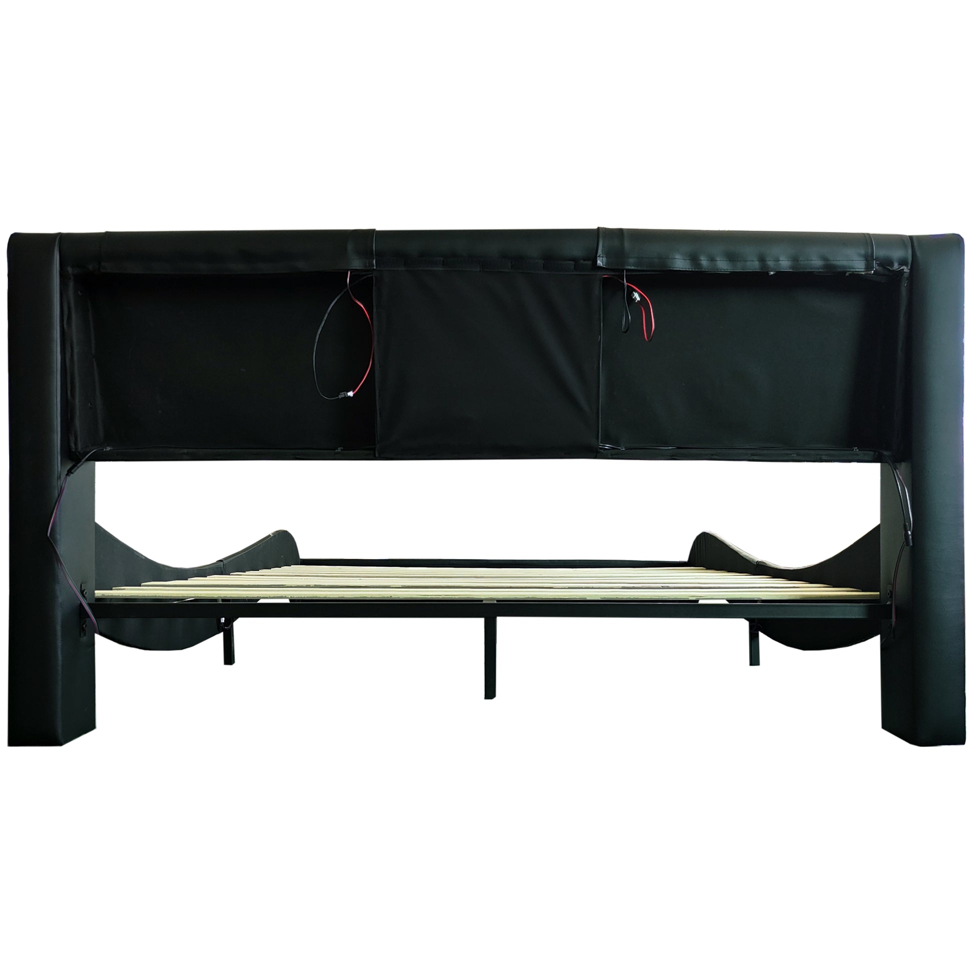 Faux Leather Upholstered Platform Bed Frame With Led Lighting, Bluetooth Connection To Play Music Control, Backrest Vibration Massage, Curve Design, Wood Slat Support, One Carton Package, Queen Queen Black Mdf