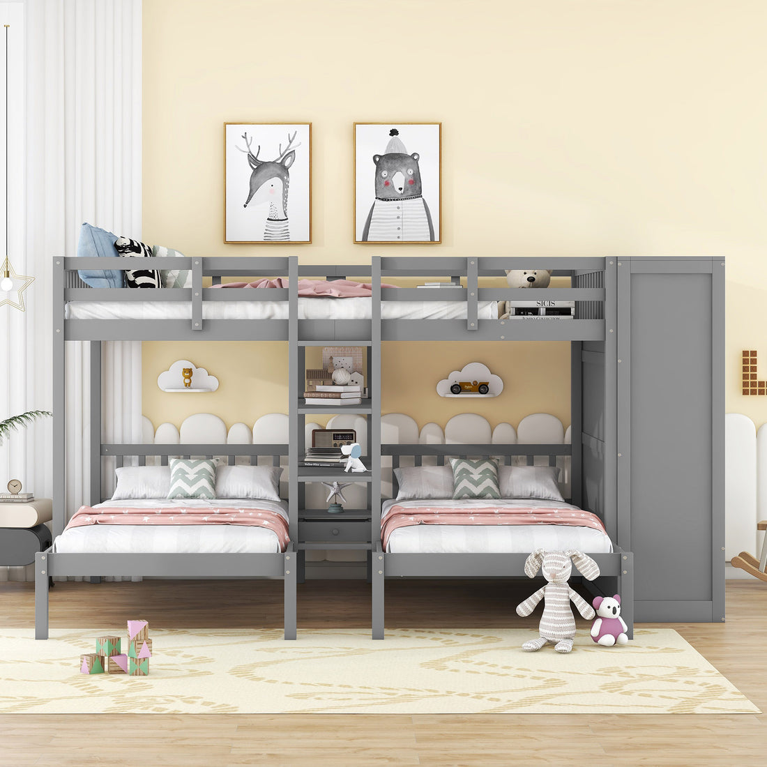 Full Over Twin Twin Bunk Bed With Shelves, Wardrobe And Mirror, Gray Gray Solid Wood Mdf