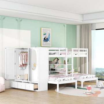 Full Over Twin Twin Bunk Bed With Shelves, Wardrobe And Mirror, White White Solid Wood Mdf