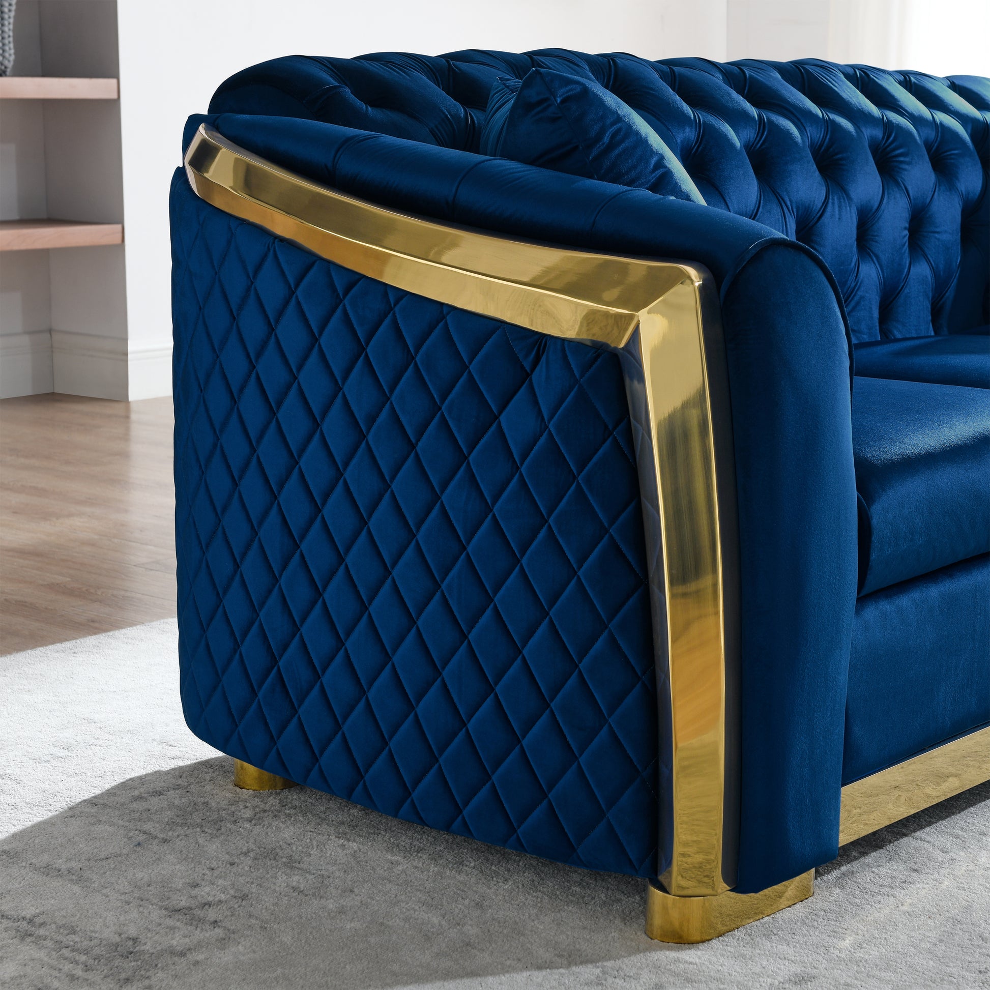 Velvet Luxury Chesterfield Sofa Set, 84 Inches Tufted 3 Seat Couch With Gold Stainless For Living Room, Navy Blue Fabric Navy Blue Velvet Wood Primary Living Space Medium Soft Tufted Back European Rolled Arms Foam Wood Stainless Steel 3 Seat