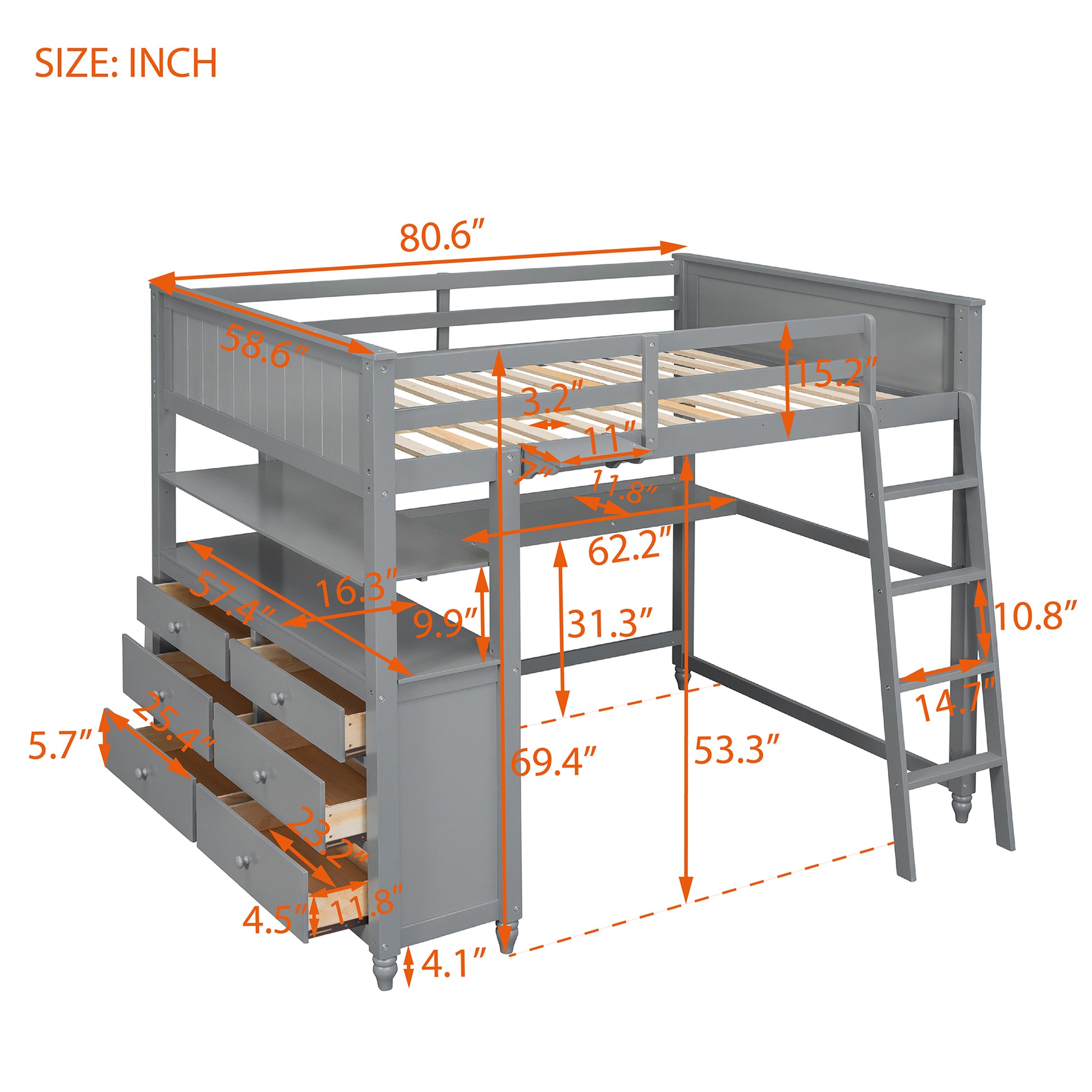 Full Size Loft Bed With Drawers And Desk, Wooden Loft Bed With Shelves Gray Old Sku:Lt001529Aae Gray Solid Wood