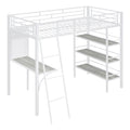 Twin Size Loft Metal Bed With 3 Layers Of Shelves And Desk, Stylish Metal Frame Bed With Whiteboard, White White Metal