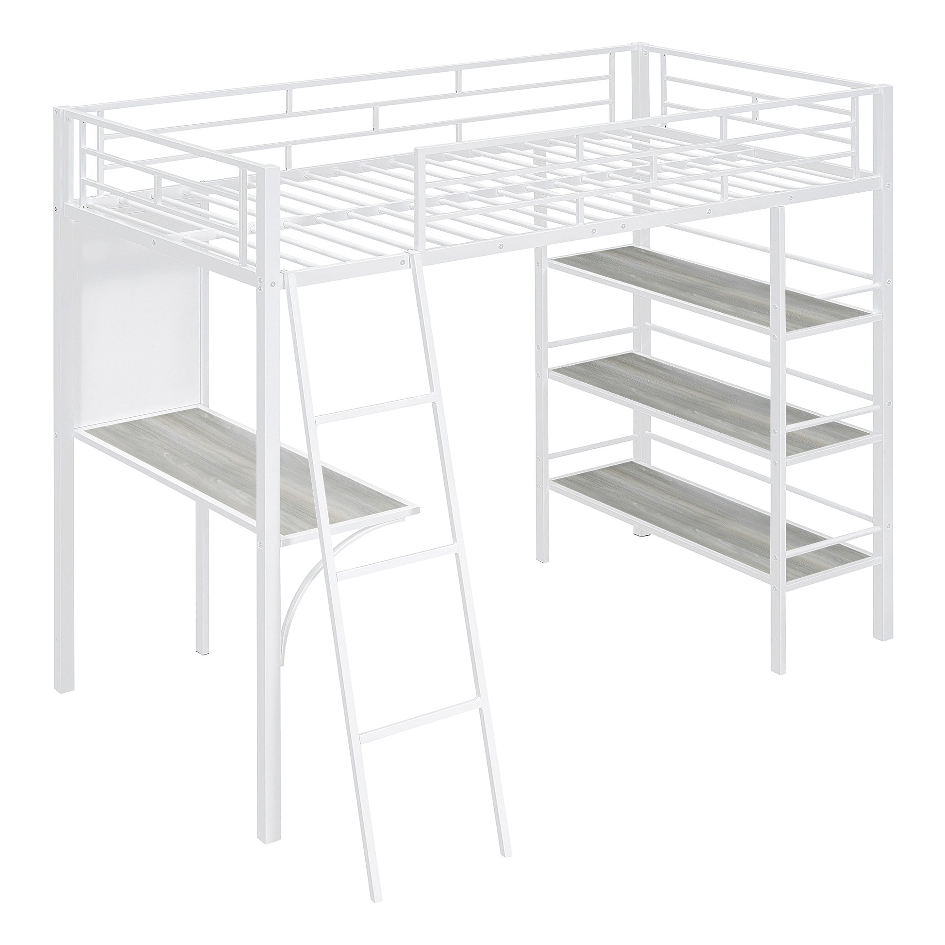 Twin Size Loft Metal Bed With 3 Layers Of Shelves And Desk, Stylish Metal Frame Bed With Whiteboard, White White Metal