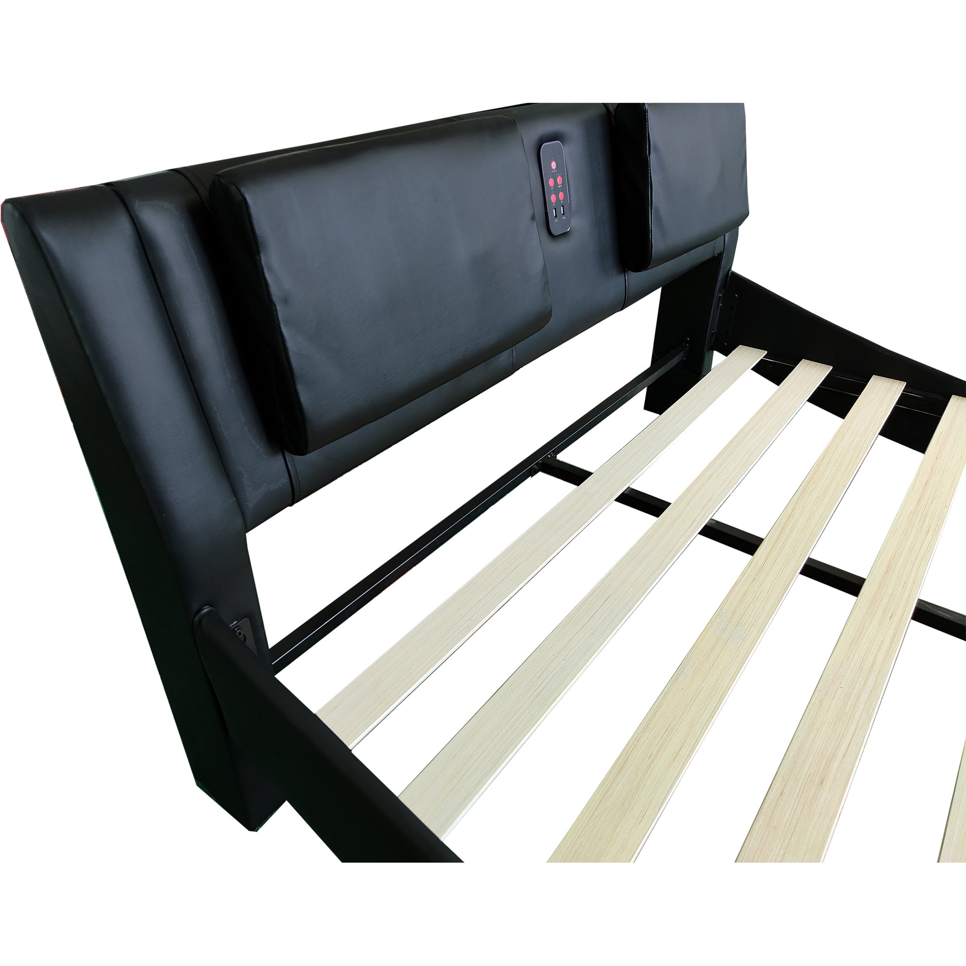 Faux Leather Upholstered Platform Bed Frame With Led Lighting, Bluetooth Connection To Play Music Control, Backrest Vibration Massage, Curve Design, Wood Slat Support, One Carton Package, Queen Queen Black Mdf