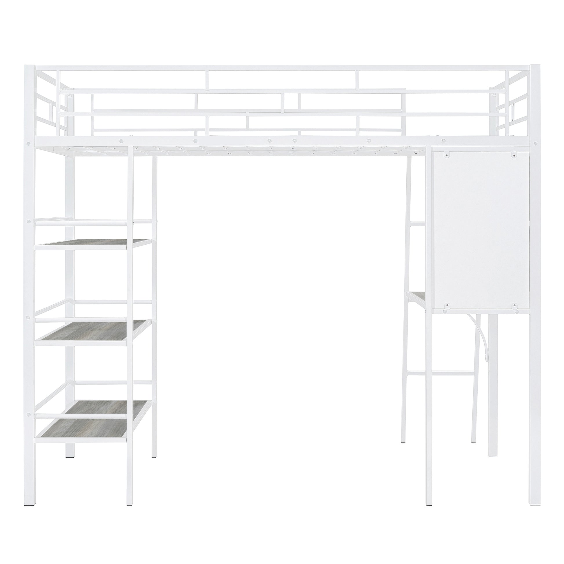 Twin Size Loft Metal Bed With 3 Layers Of Shelves And Desk, Stylish Metal Frame Bed With Whiteboard, White White Metal