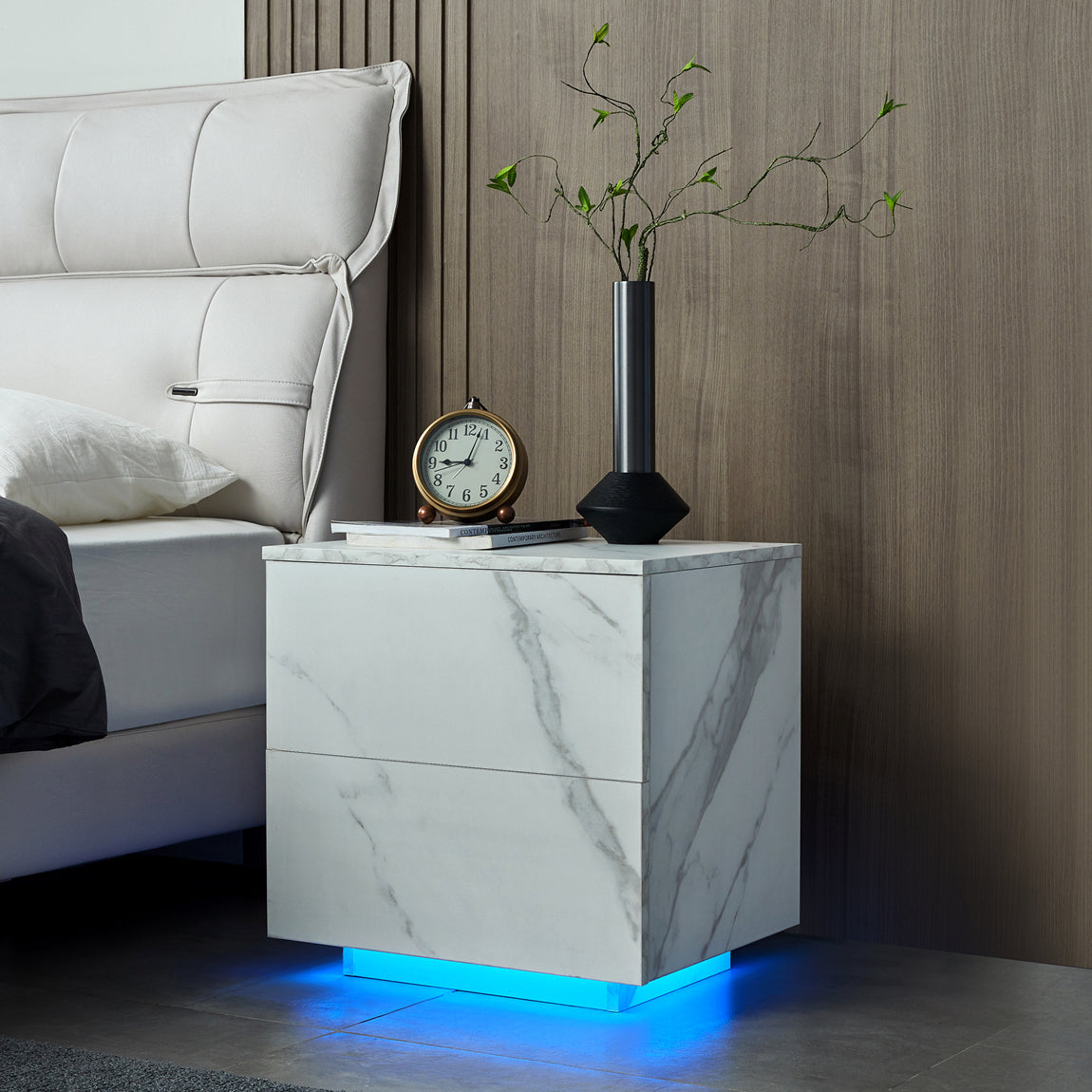 Nightstands Led Side Tables Bedroom Modern End Tables With 2 Drawers For Living Room Bedroom White White White 2 Drawers Bedroom Rectangle American Design,American Traditional,Boho,Casual,French Walnut Easy Assembly Walnut Abs Engineered Wood