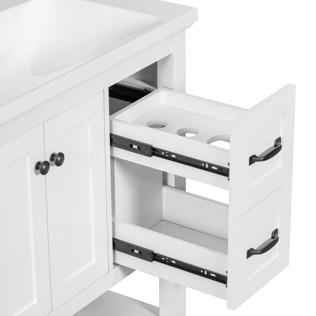 30" Bathroom Vanity With Ceramic Sink Top, Vanity Cabinet With Multi Functional Drawer, Solid Wood Legs, White White Solid Wood Mdf