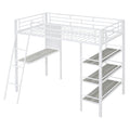 Twin Size Loft Metal Bed With 3 Layers Of Shelves And Desk, Stylish Metal Frame Bed With Whiteboard, White White Metal