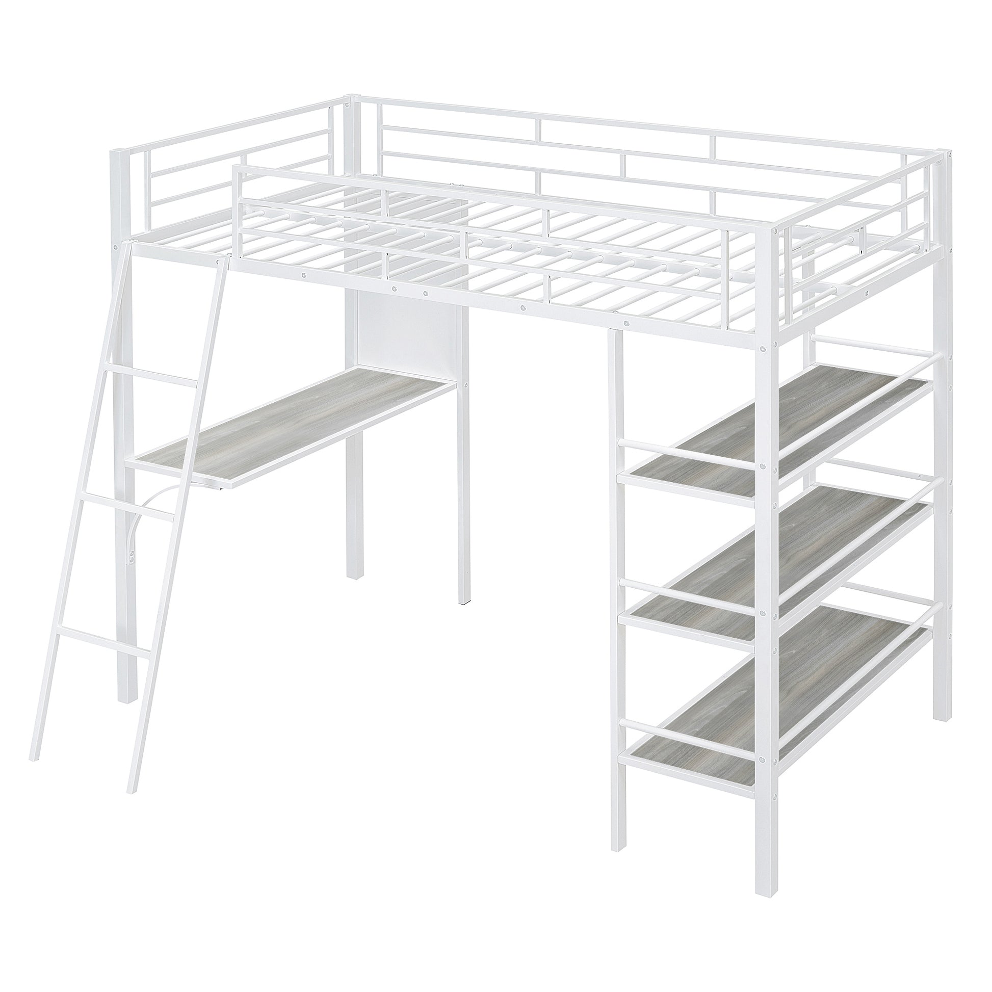 Twin Size Loft Metal Bed With 3 Layers Of Shelves And Desk, Stylish Metal Frame Bed With Whiteboard, White White Metal