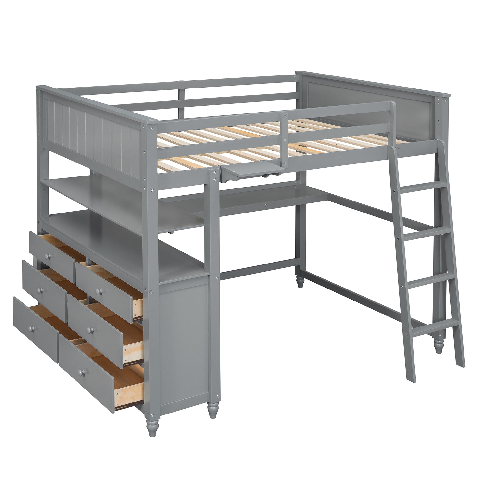 Full Size Loft Bed With Drawers And Desk, Wooden Loft Bed With Shelves Gray Old Sku:Lt001529Aae Gray Solid Wood