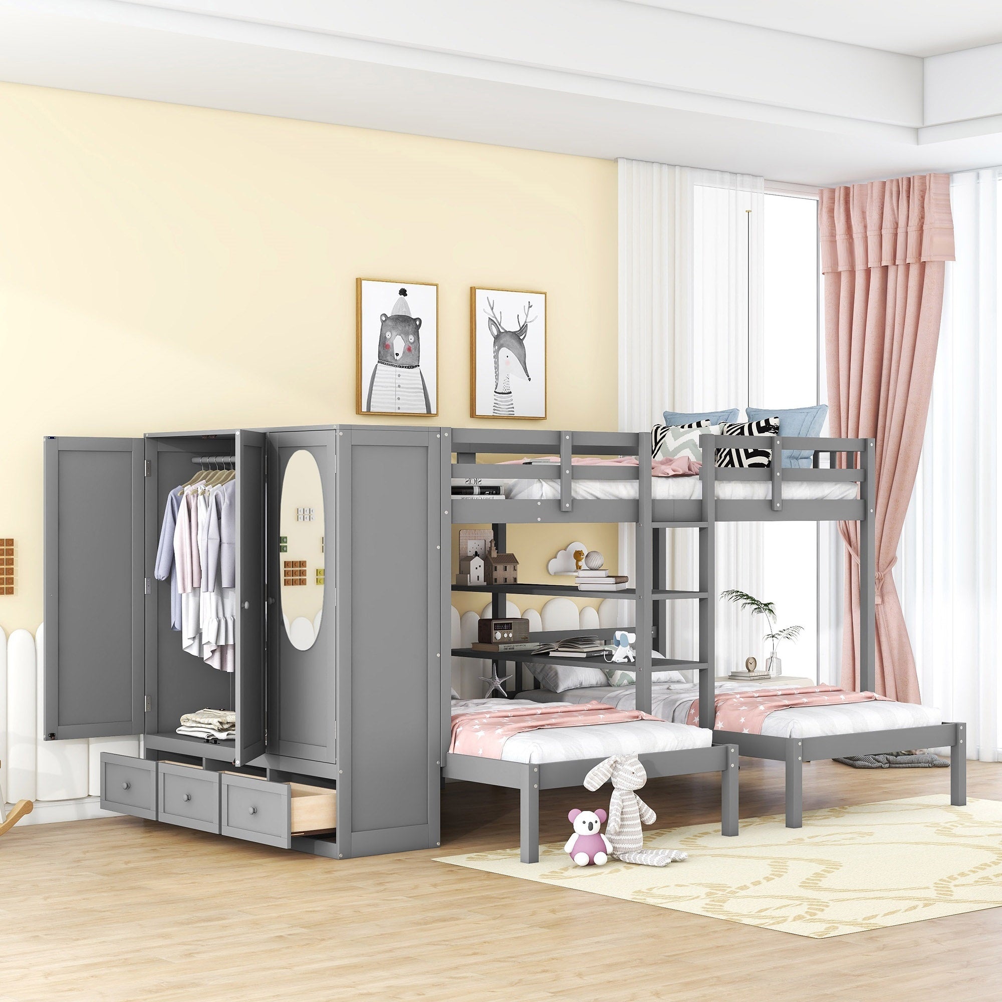 Full Over Twin Twin Bunk Bed With Shelves, Wardrobe And Mirror, Gray Gray Solid Wood Mdf