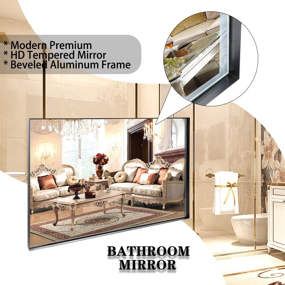 36X24Inch Black Rectangular Bathroom Mirror Square Angle Metal Frame Wall Mounted Hanging Plates Wall Mount Mirror For Bathroom Horizontal & Vertical Black Luxury Glass Aluminium Alloy