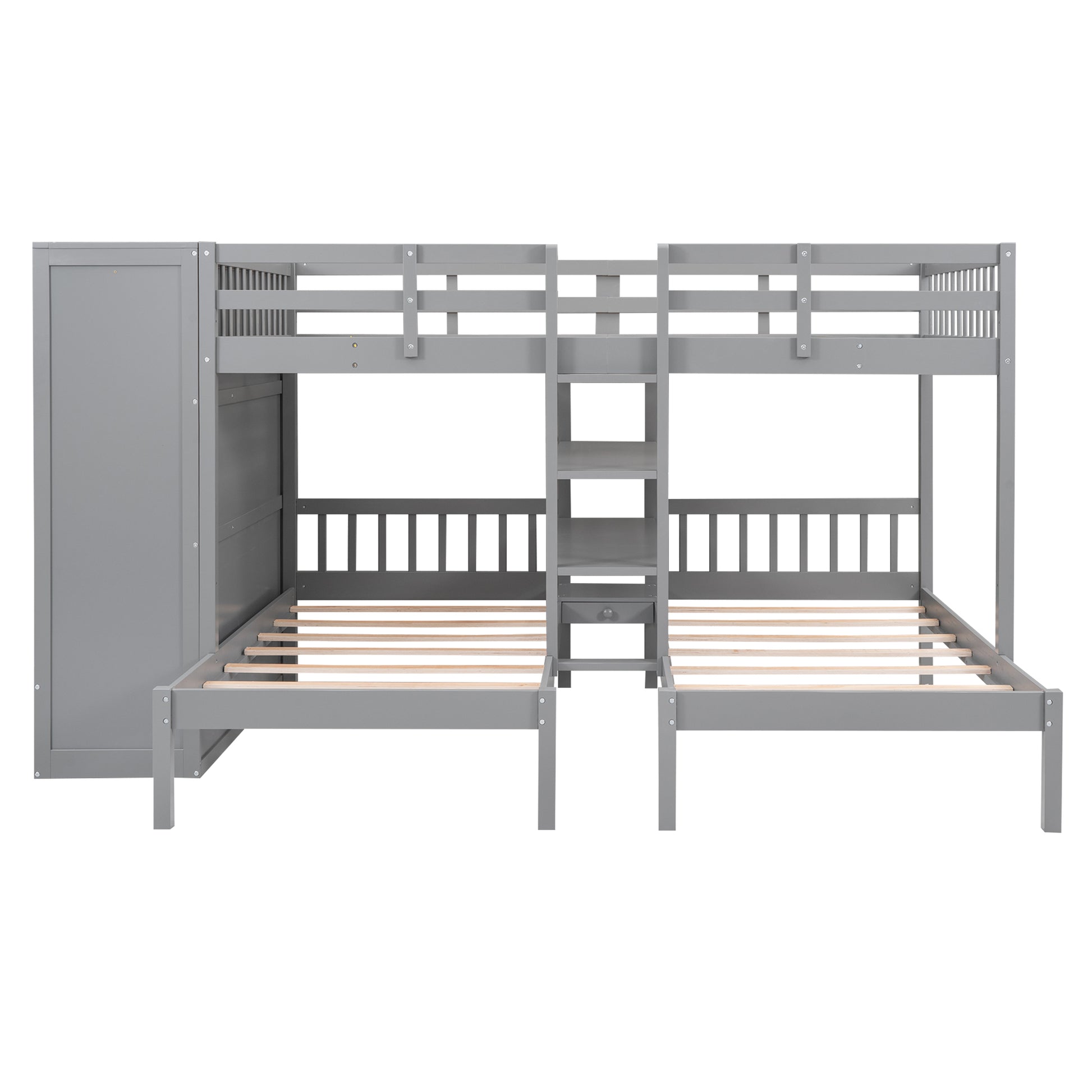 Full Over Twin Twin Bunk Bed With Shelves, Wardrobe And Mirror, Gray Gray Solid Wood Mdf