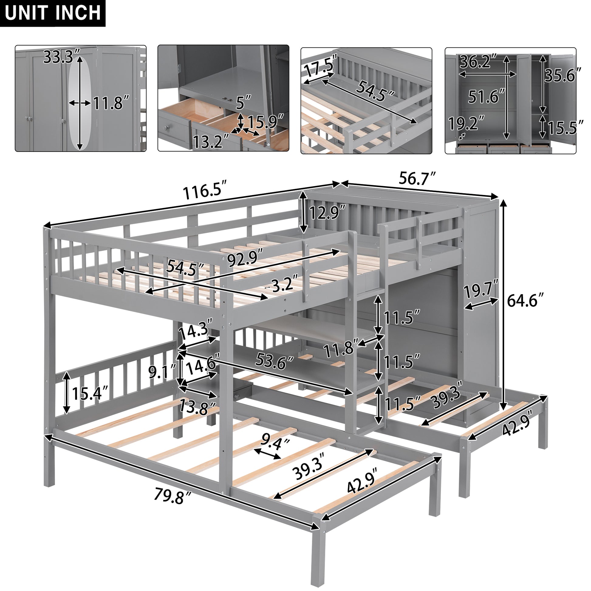 Full Over Twin Twin Bunk Bed With Shelves, Wardrobe And Mirror, Gray Gray Solid Wood Mdf