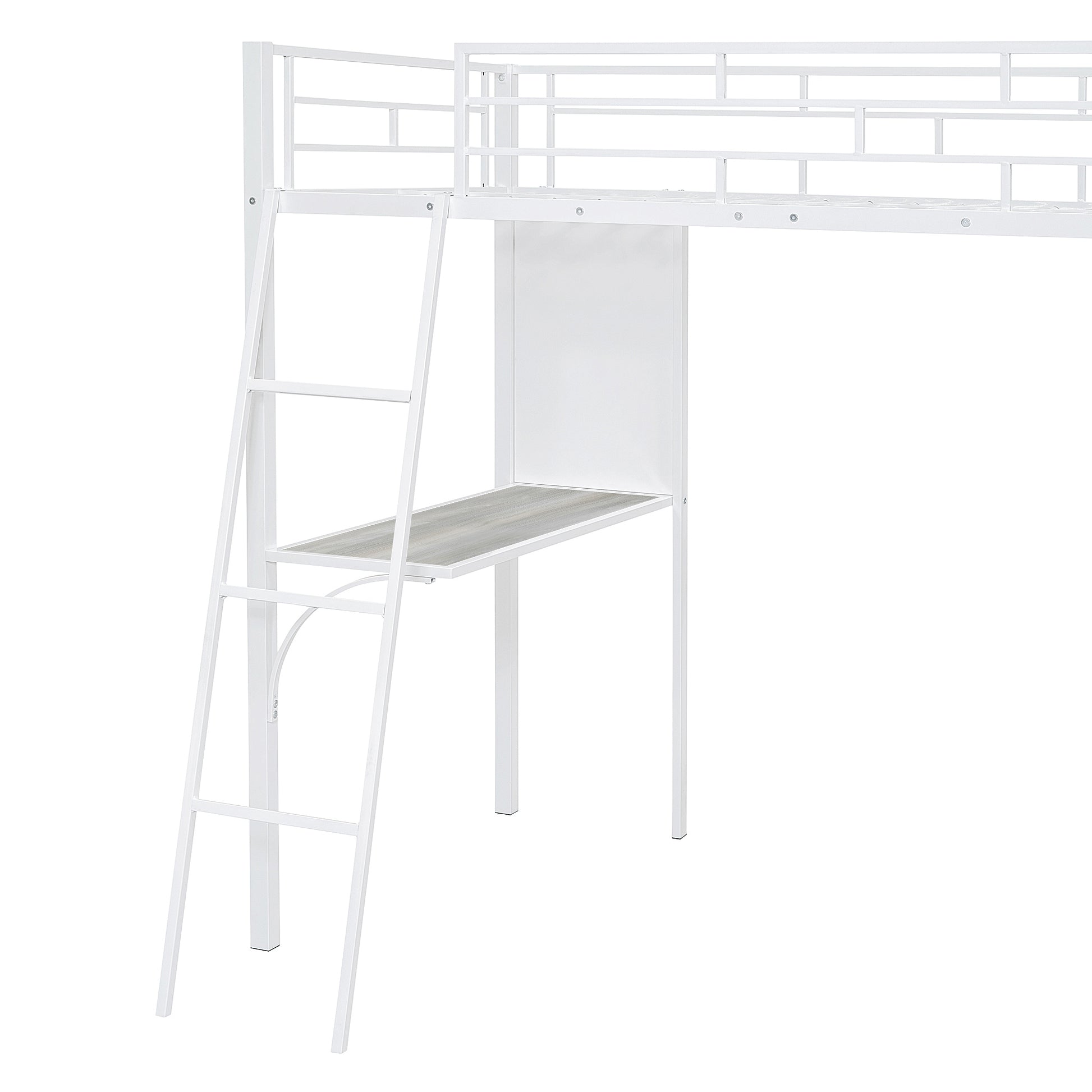 Twin Size Loft Metal Bed With 3 Layers Of Shelves And Desk, Stylish Metal Frame Bed With Whiteboard, White White Metal