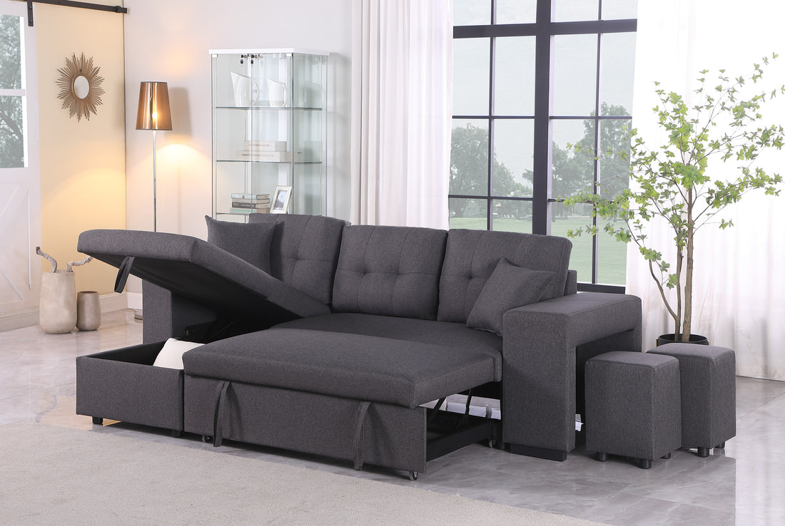 Daniel Upholstered Reversible Sectional With Pull Out Seat Dark Gray Foam Linen