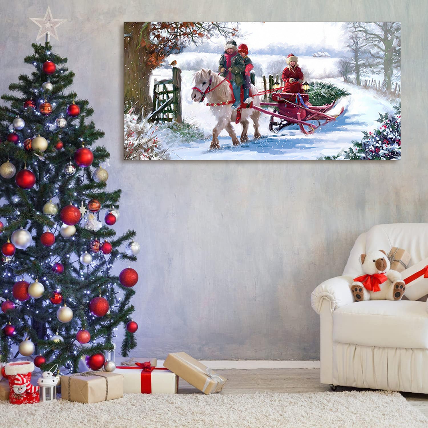 Framed Canvas Wall Art Decor Painting For Chrismas, Kids Riding White Horse Chrismas Gift Painting For Chrismas Gift, Decoration For Chrismas Eve Office Living Room, Bedroom Decor Ready To Hang Rectangle Framed Multicolor Christmas Medium 25In 32In