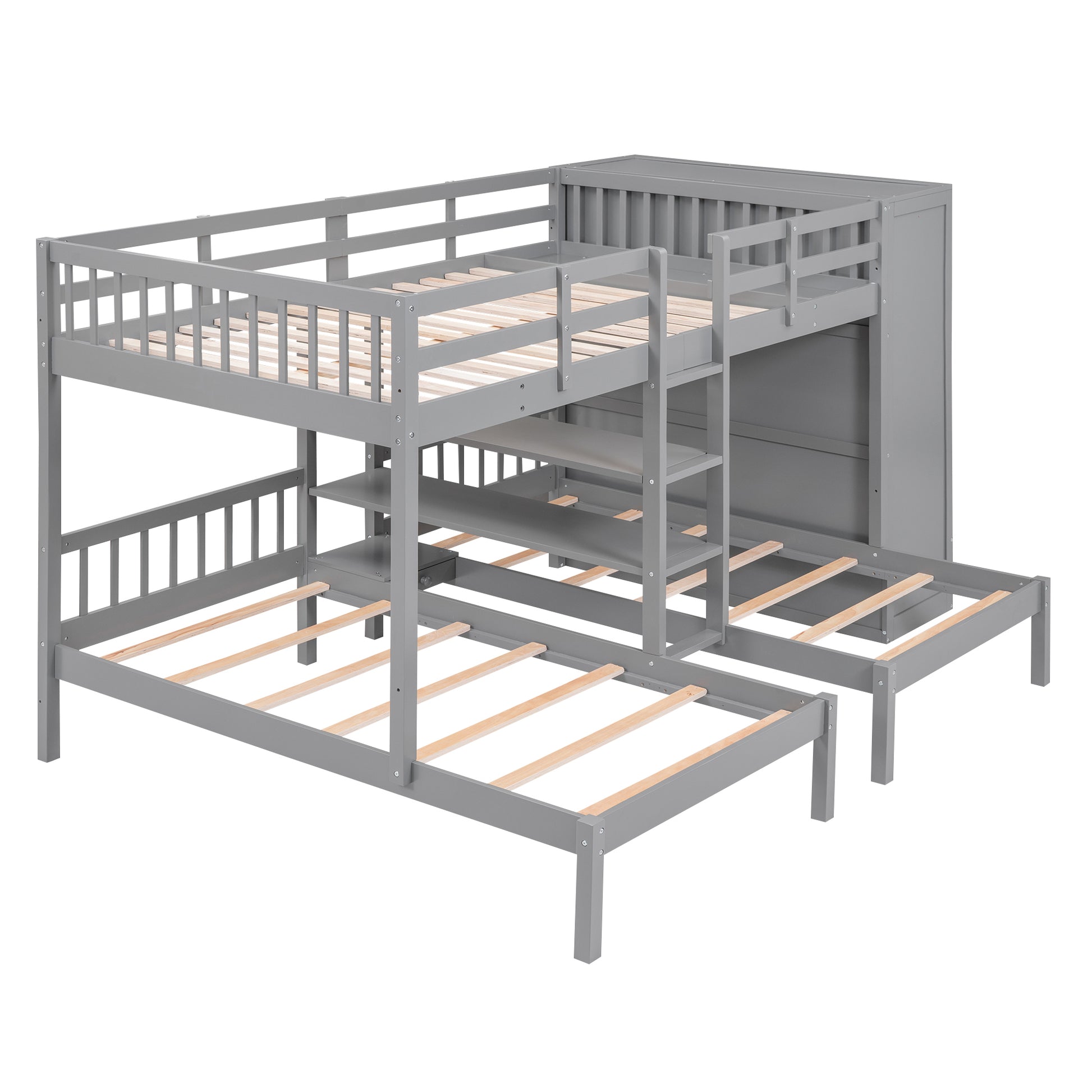 Full Over Twin Twin Bunk Bed With Shelves, Wardrobe And Mirror, Gray Gray Solid Wood Mdf