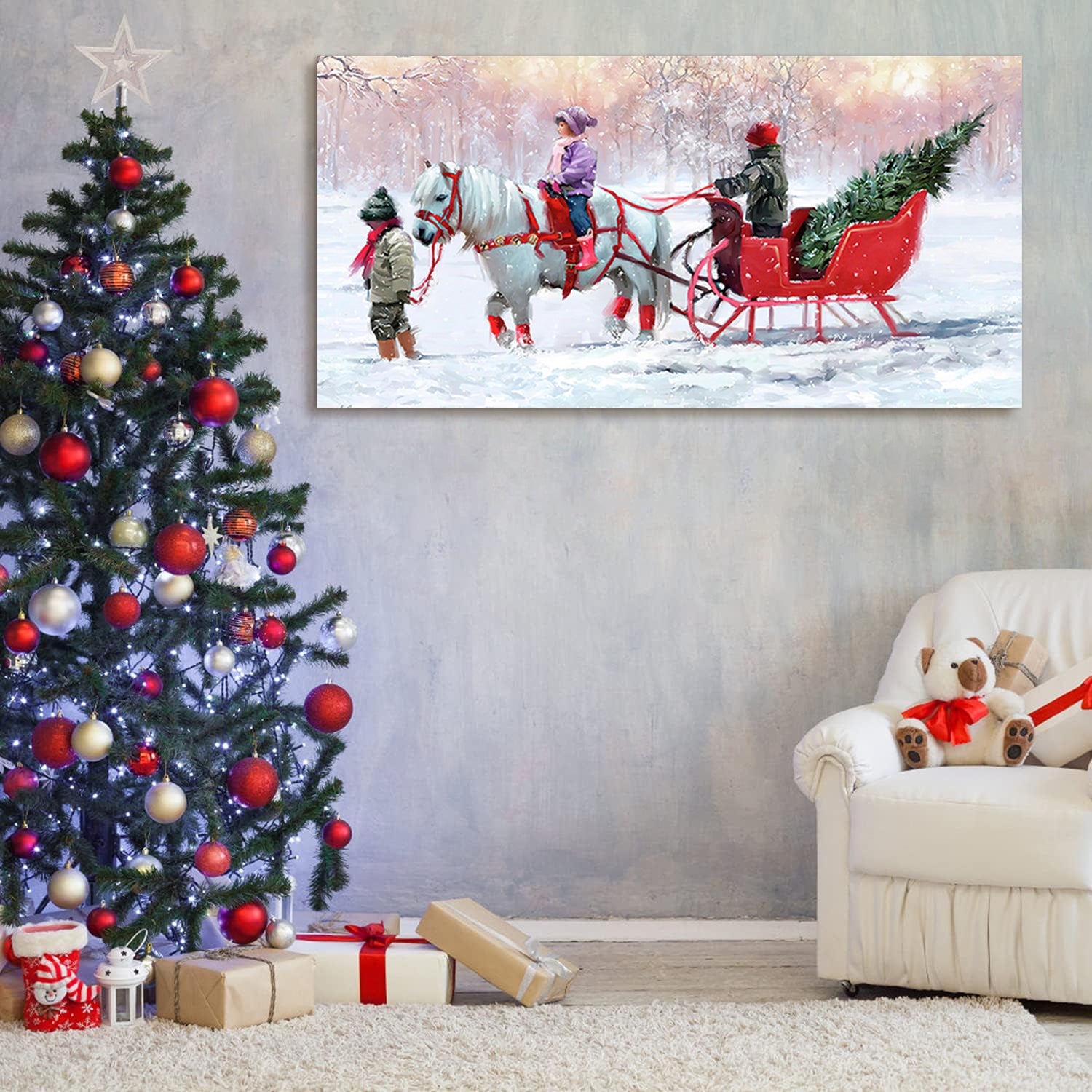 Framed Canvas Wall Art Decor Painting For Chrismas, Kids Riding White Horse Sledge Chrismas Gift Painting For Chrismas Gift, Decoration For Chrismas Eve Office Living Room, Bedroom Decor Ready To Hang Rectangle Framed Multicolor Christmas Medium 25In