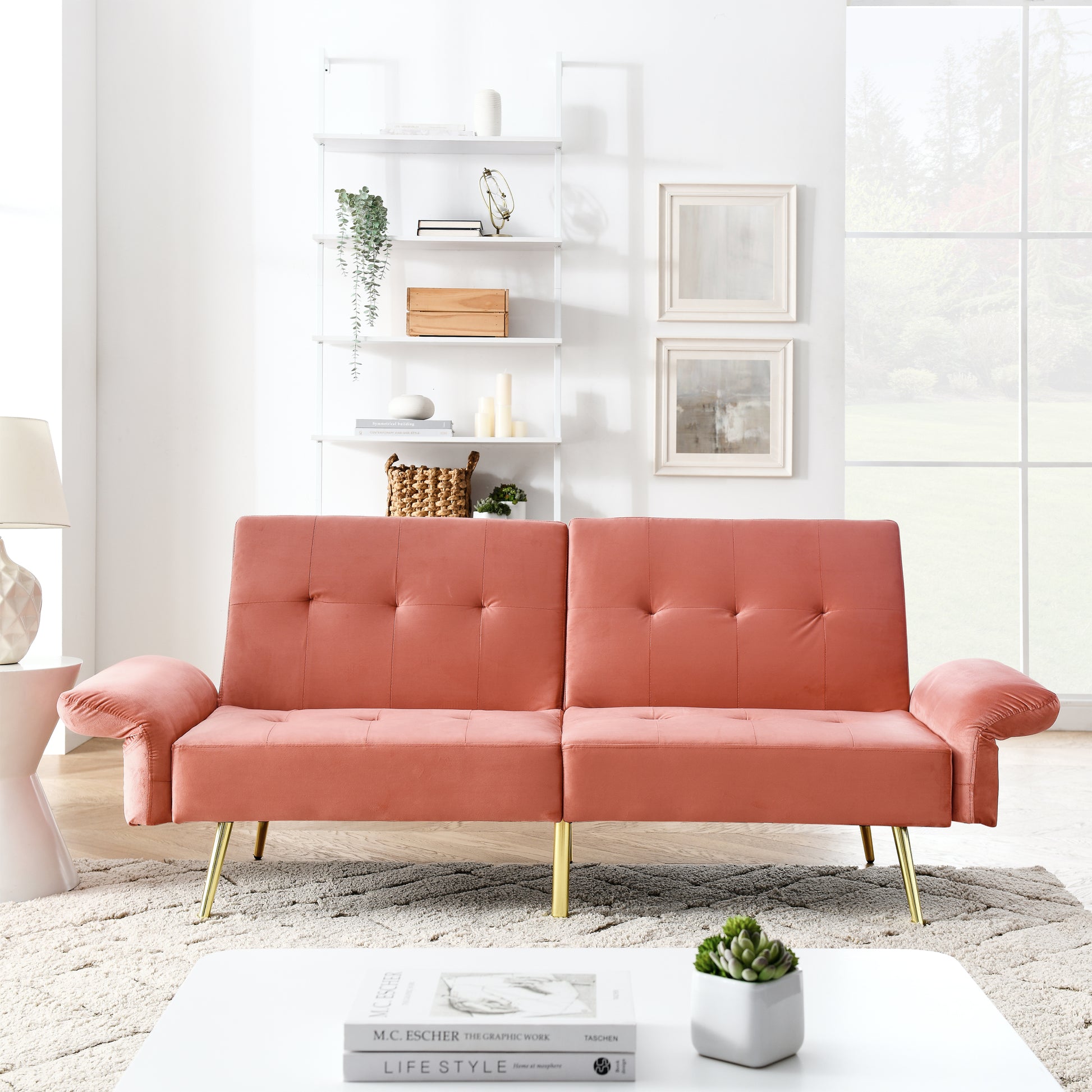 78" Italian Velvet Futon Sofa Bed, Convertible Sleeper Loveseat Couch With Folded Armrests And Storage Bags For Living Room And Small Space, Pink 280G Velvet Pink Velvet Wood Primary Living Space Medium Soft Tufted Back Modern Rolled Arms Foam Solid Wood