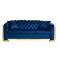 Velvet Luxury Chesterfield Sofa Set, 84 Inches Tufted 3 Seat Couch With Gold Stainless For Living Room, Navy Blue Fabric Navy Blue Velvet Wood Primary Living Space Medium Soft Tufted Back European Rolled Arms Foam Wood Stainless Steel 3 Seat